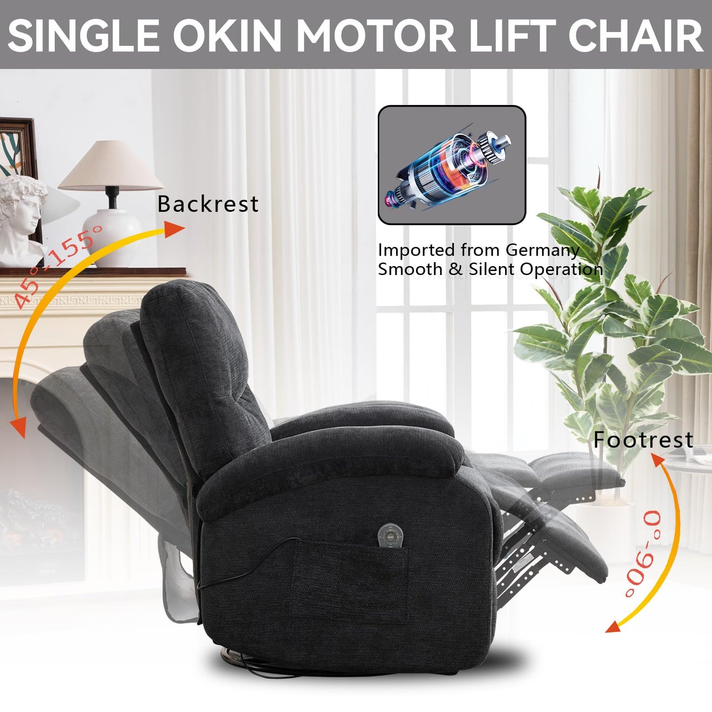 KEIKI Manual Hot Massage Recliner Chair with 360° Swivel and Rocking, 8-Point Vibration Massage & Lumbar Heat, Chenille Elderly Lazy Boy Sofa with Cup Holder for Living Room, Black