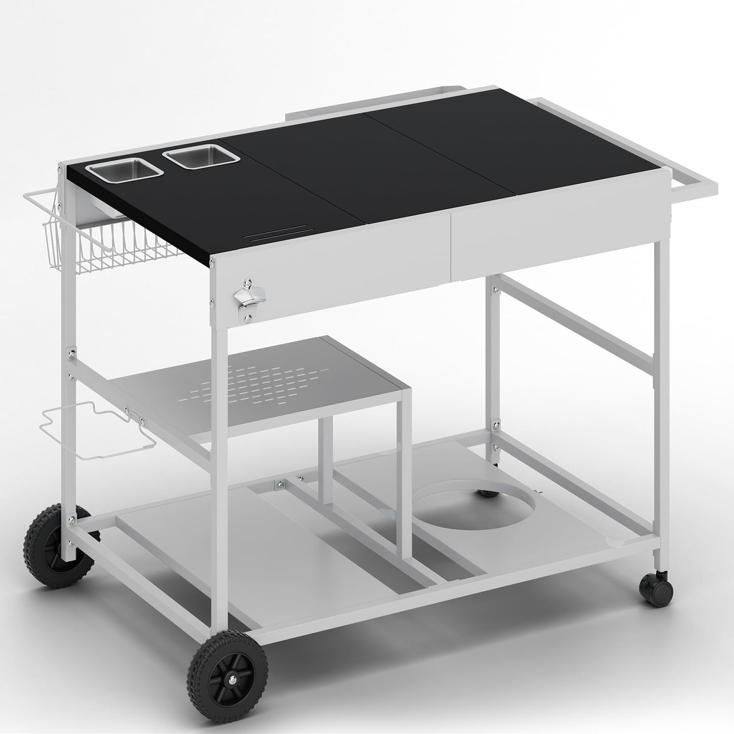 Shintenchi 24.6"x37.6" Pizza Oven Cart Table with Topping Station and Wheels, Outdoor Tabletop Grill Table Stand, Movable Food Prep Workcart Fits for Ninja Blackstone Woodfire Grill