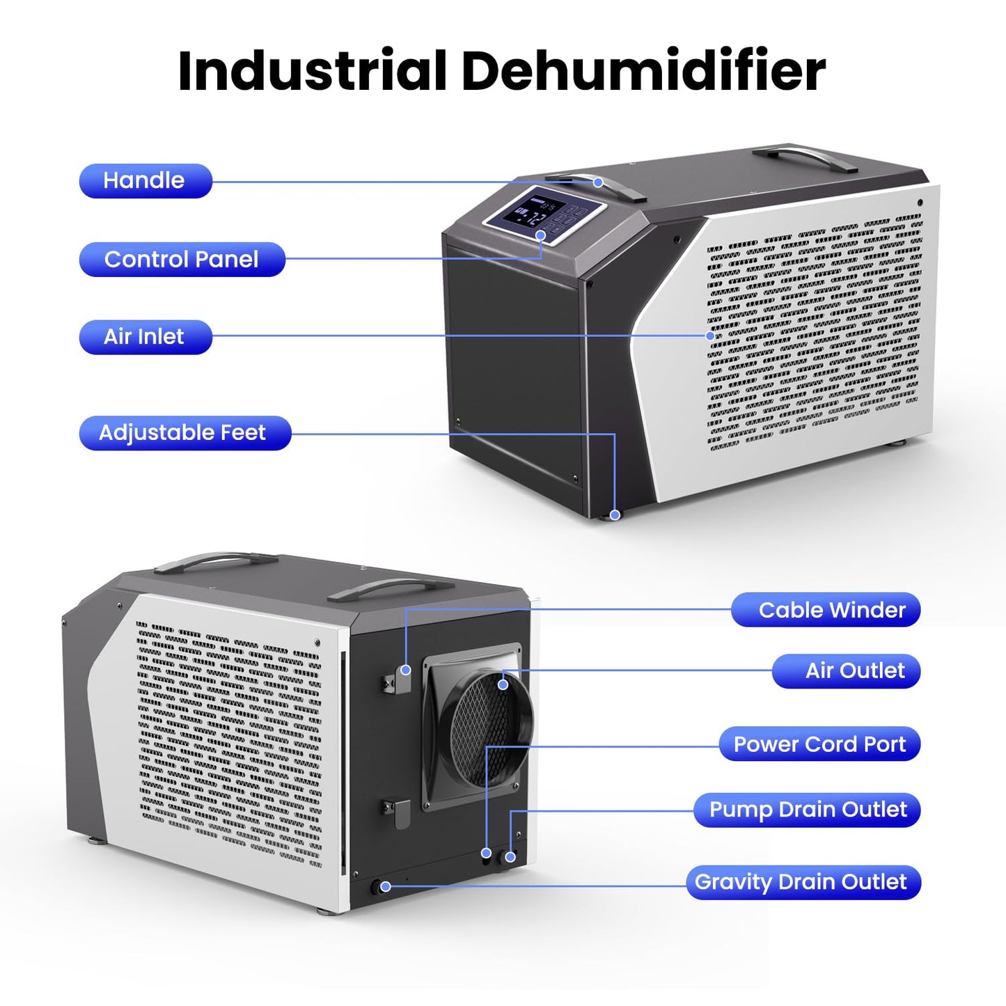 Industrial Commercial Dehumidifier with Pump, Crawl Space Dehumidifier with 180 Pints, Drain Hose, Smart LED Dehumidifier Display for Basement, Garage, Home, Cover Up to 8000Sq Ft