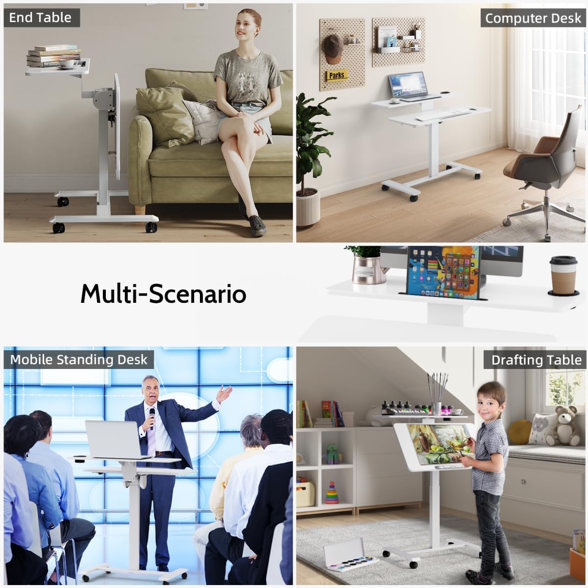 TecbL Pneumatic Standing Desk with Wheels - Adjustable Height 28" - 46" & 0-90° Tilt, 31.5" x 17.7" Skin-Feel Desktop, Rolling Computer Desk for Home Office, Hospital, School (White)
