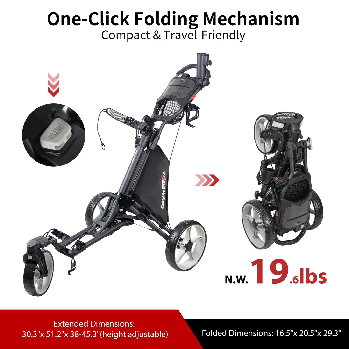Caddytek CaddyLite One Swivel V8 Golf Push Cart - 3 Wheel Lightweight Folding Trolley with 360° Swivel Front Wheel, Cooler Basket, Umbrella and Drink Holder, Adjustable Handle