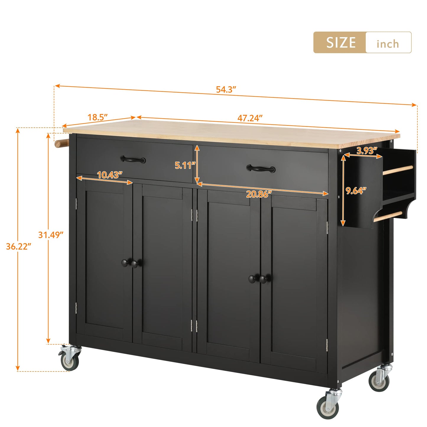 Merax Rolling Mobile Kitchen Island Cart with Wood Top and Locking Wheels, 4 Door Cabinets and 2 Drawers, Spice & Towel Rack, 54.3 Inch Width, Black