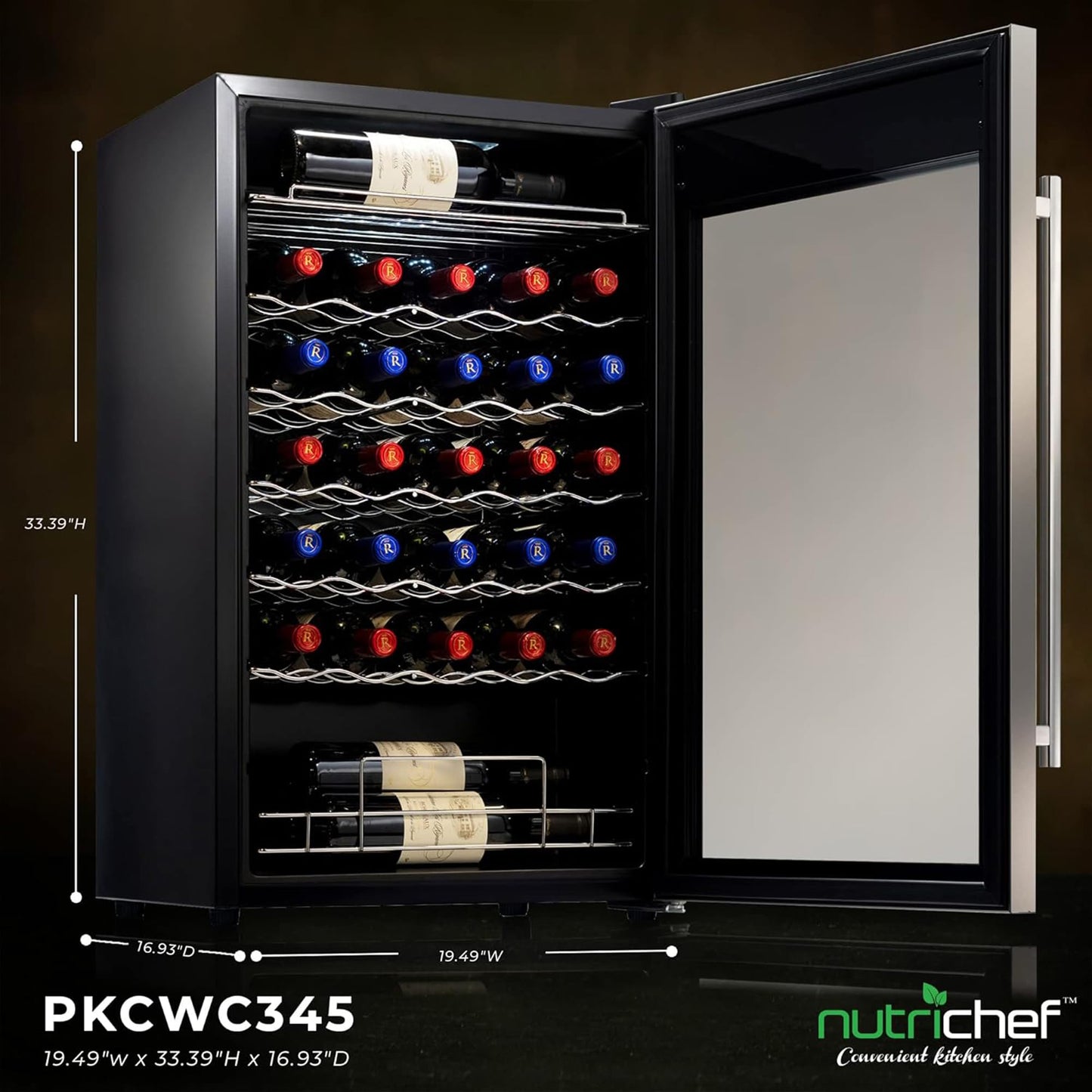 Nutrichef 34 Bottle Wine Fridge - Single Zone Beverage Refrigerator with Adjustable Temperature 41°F - 64°F, Ultra Quiet Operation Wine Cooler for Home, Office & Kitchen, Stainless Steel