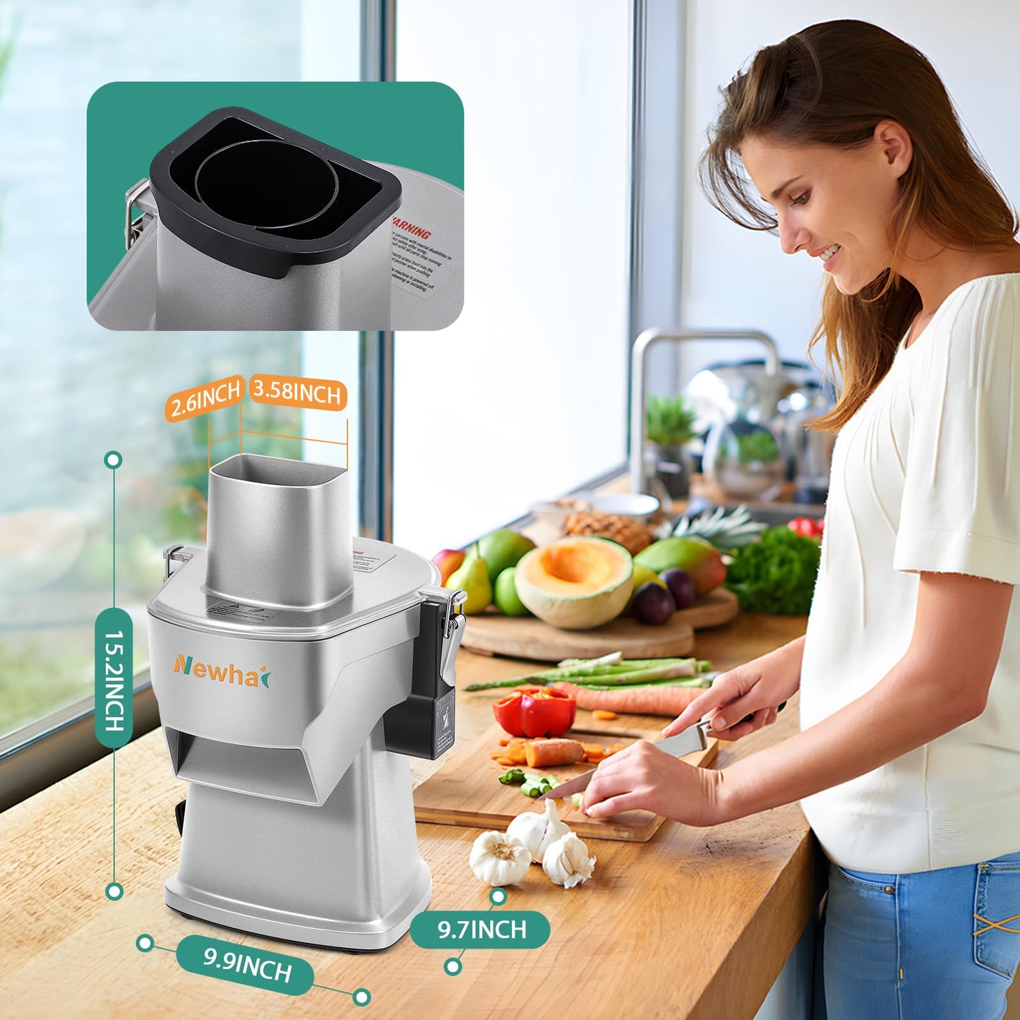 Newhai Upgraded 4 In 1 Electric Vegetable Dicer Slicer Shredder Strip Cutter Commercial Vegetable & Fruit Chopper Multifunctional Automatic Veggie Cutter for Onion Potato Cabbage Lemon, 200W, 110V