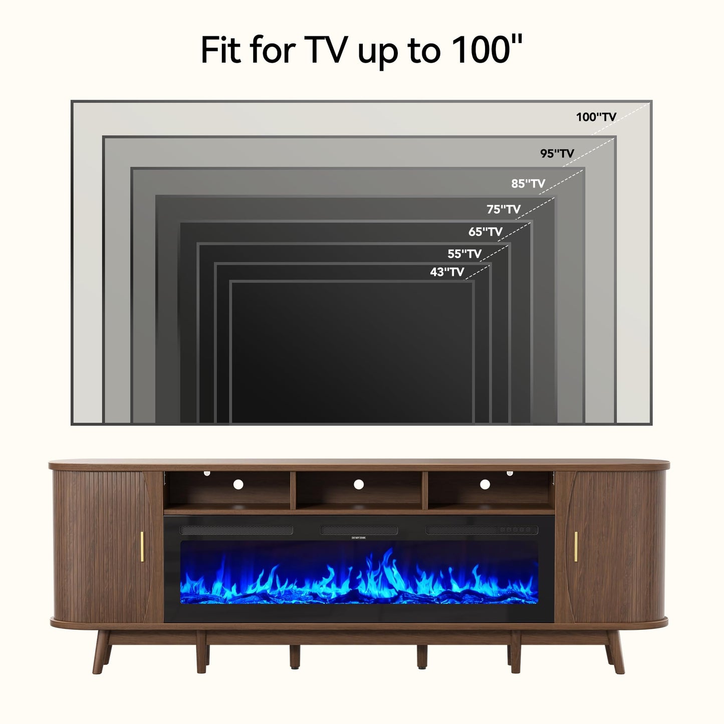 OneBlis 97" Fireplace TV Stand for 100" TV, Mid Century Modern Entertainment Center with 60" Electric Fireplace, Media Console with Sliding Doors & Adjustable Shelves for Living Room, Walnut