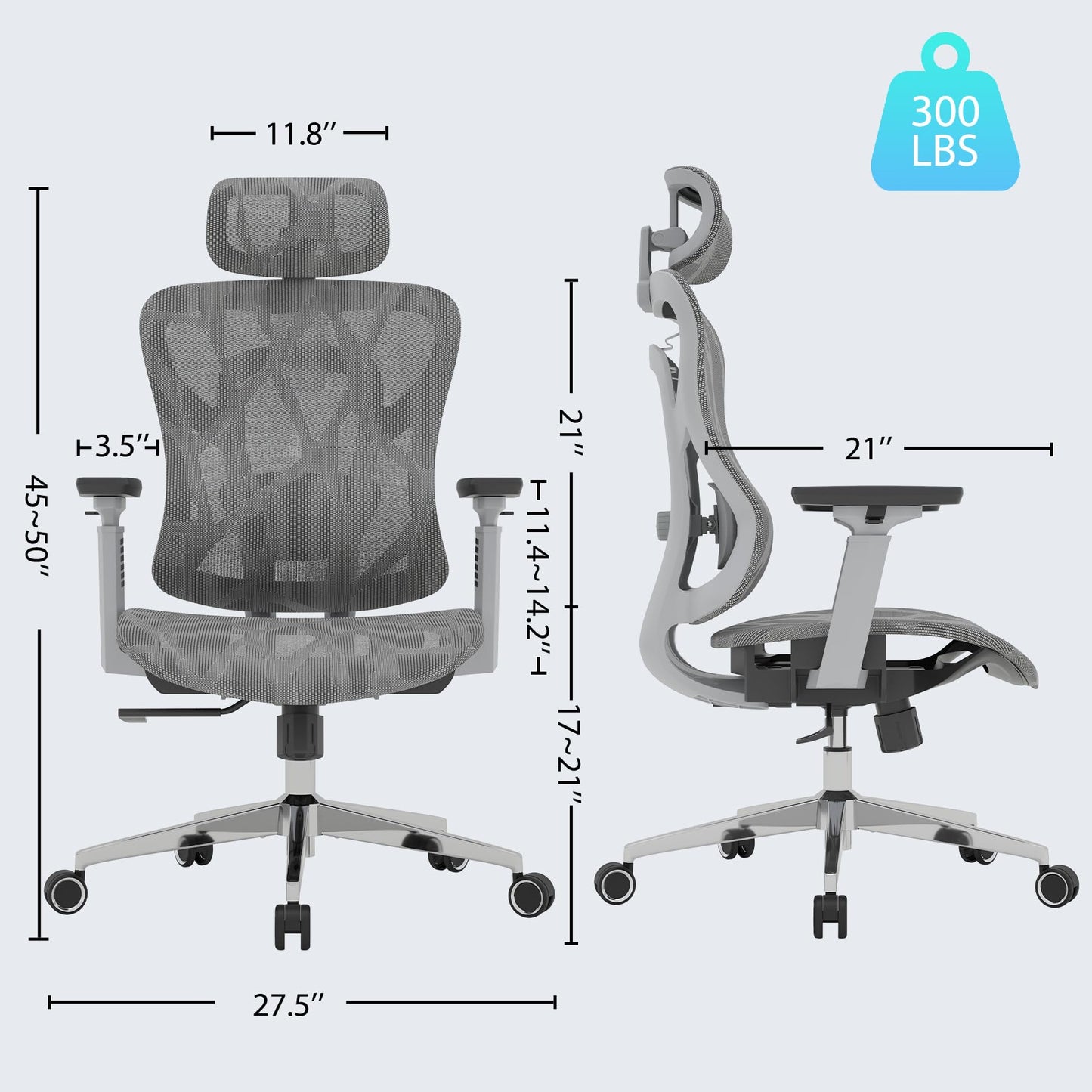 Logicfox Ergonomic Office Chair for Long Hours,High Back Mesh Chair with Adaptive Thoracic & Lumbar Support,3D Adjustable Armrests and Headrest,Designed for 8–10 Hour Workdays