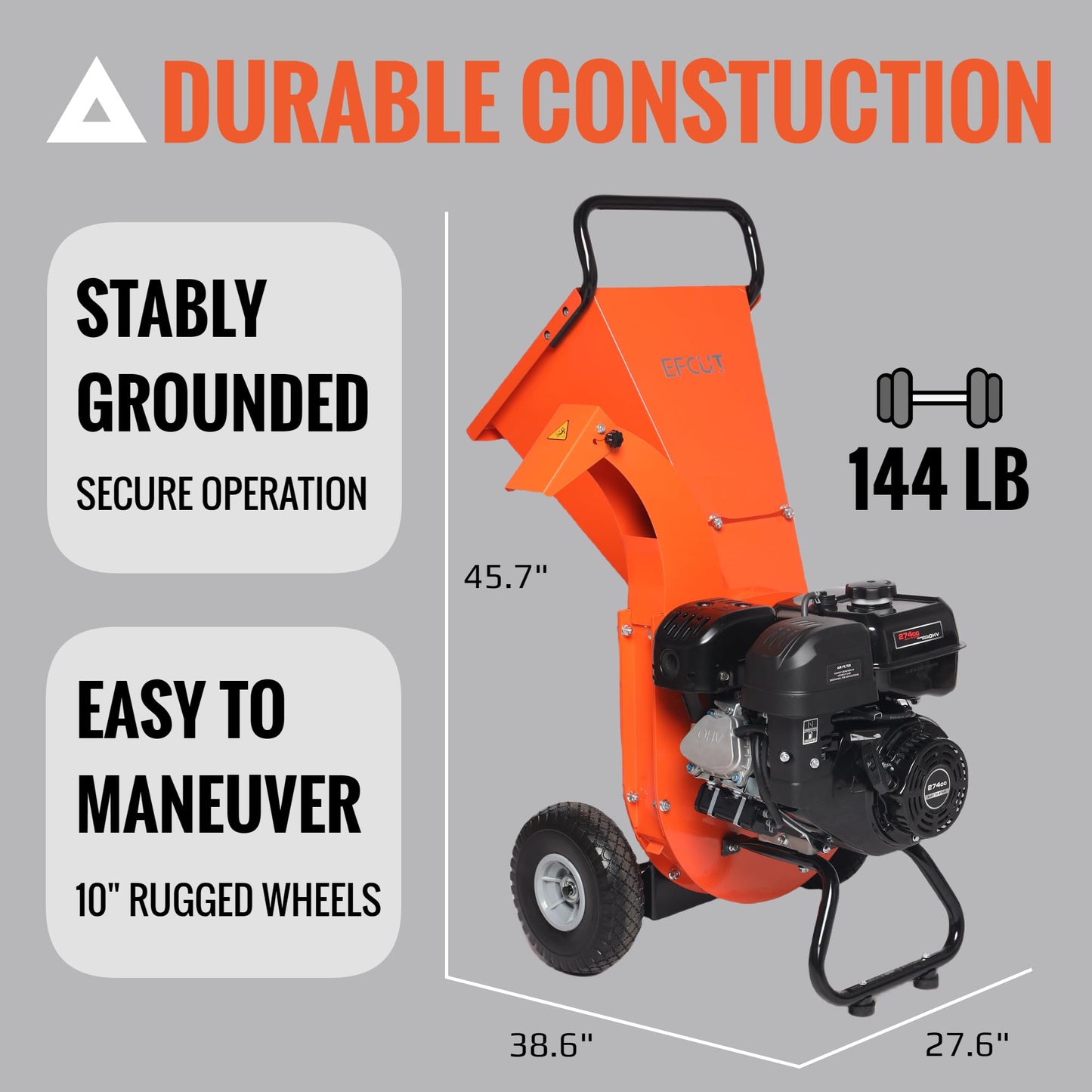 EFCUT C40E 4" Wood Chipper, Easy Key Start, 9HP 274cc Gas Powered Engine, 4 inch Max Branch Capacity, Heavy Duty Shredder Mulcher with Electric Start