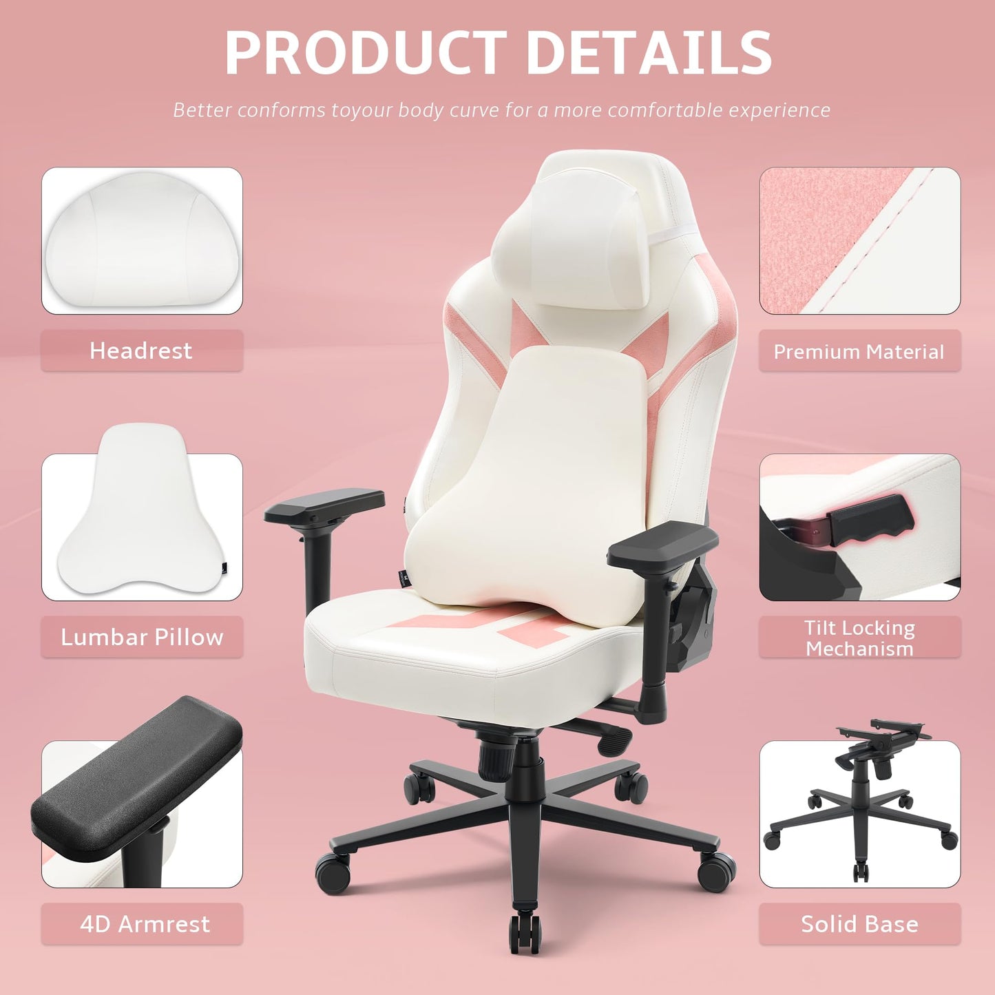 Wyrdforging Ergonomic Gaming Chair, Computer Desk Chairs, 4D Armrests, High Back Office Chair with Headrest & Lumbar Pillow, Tilt Rocker Recliner, Heavy-Duty Base, White PU Leather & Pink Suede Comb