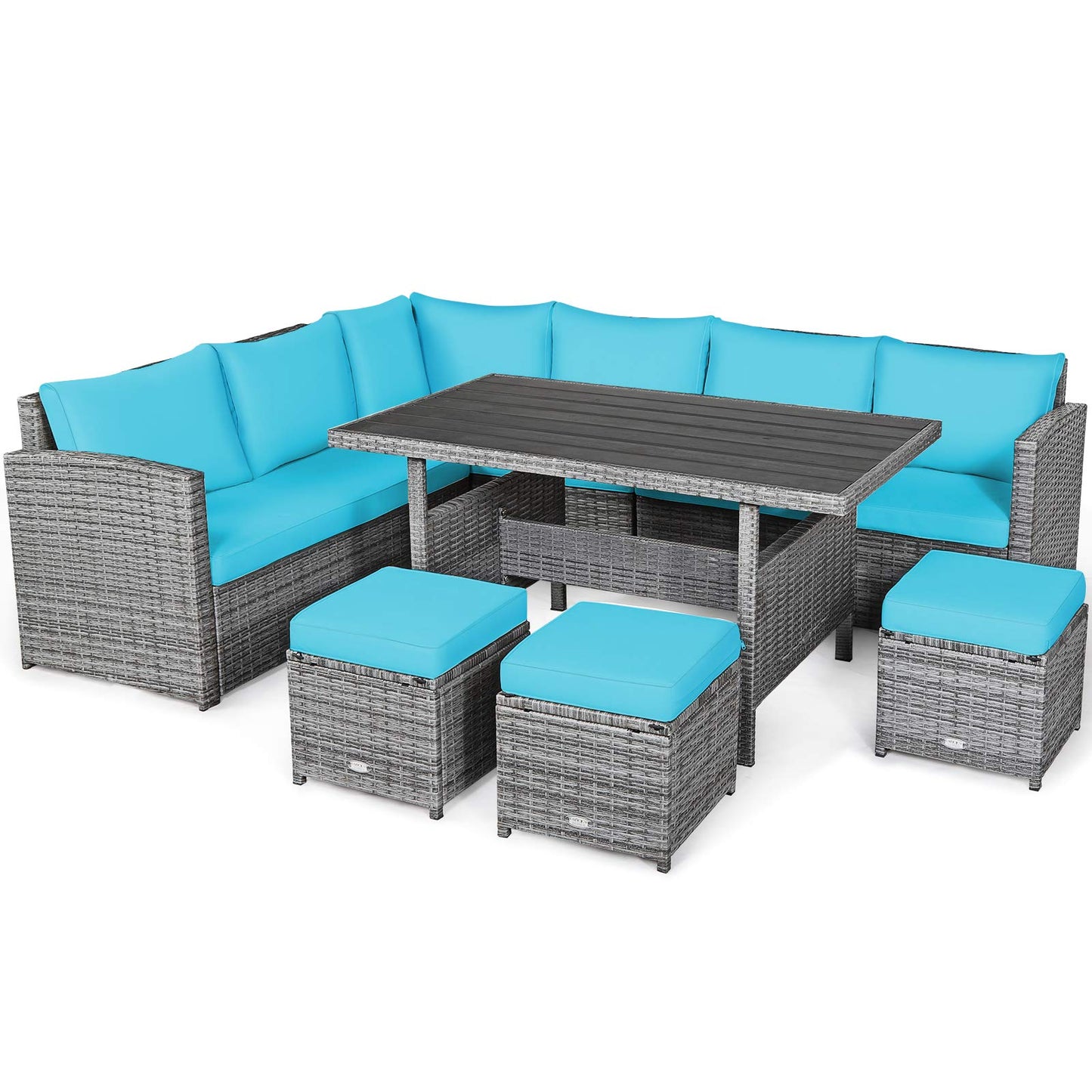 Tangkula 7 Pieces Patio Furniture Set, Outdoor Sectional Rattan Dining Sofa Set with Cushions, All Weather Wicker Conversation Couch Set with Dining Table & Ottomans for Yard Garden Poolside