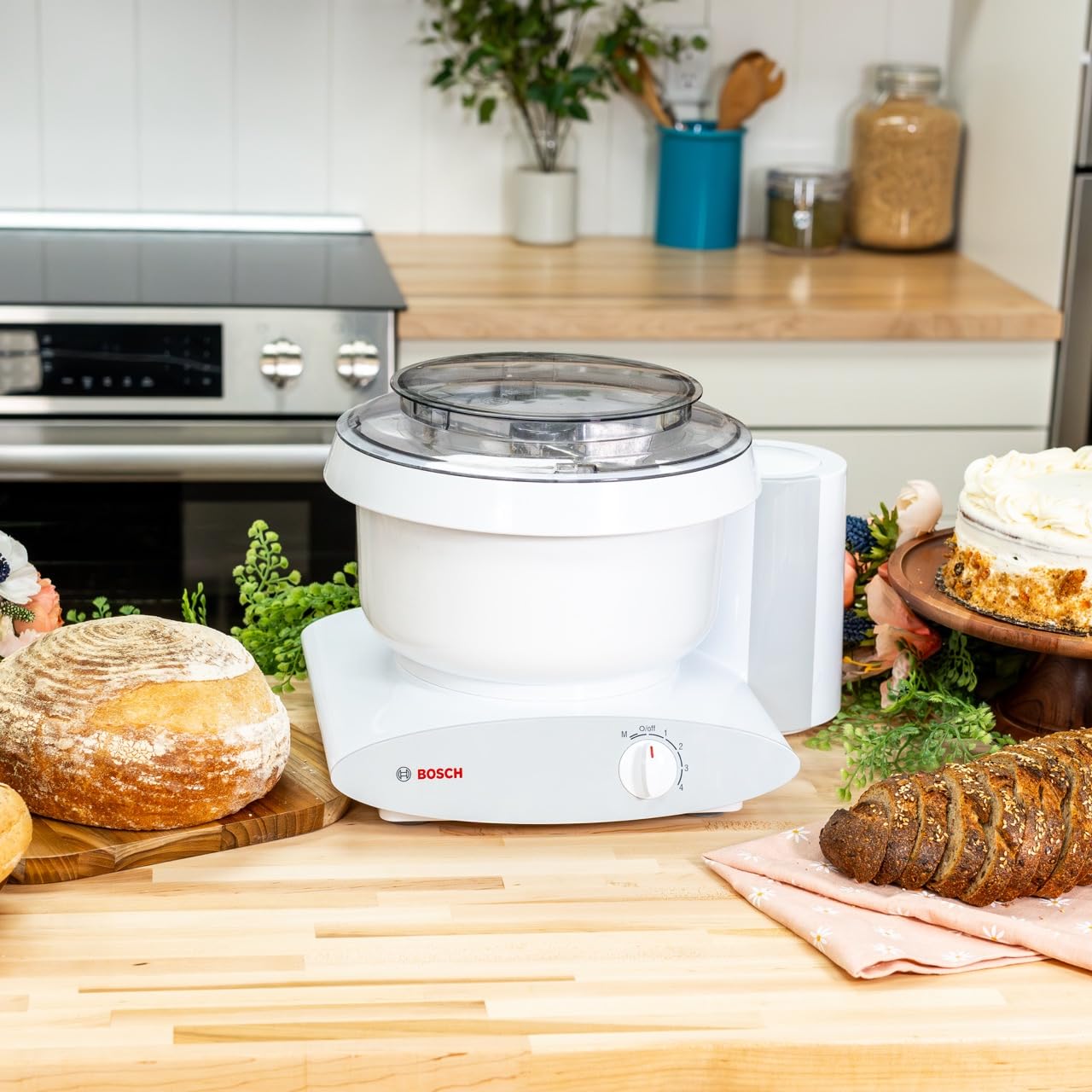 Bosch Universal Plus Stand Mixer 500 Watt, 6.5 Quarts with Wire Whips, Dough Hook & NutriMill Dough Hook Extender Bundle