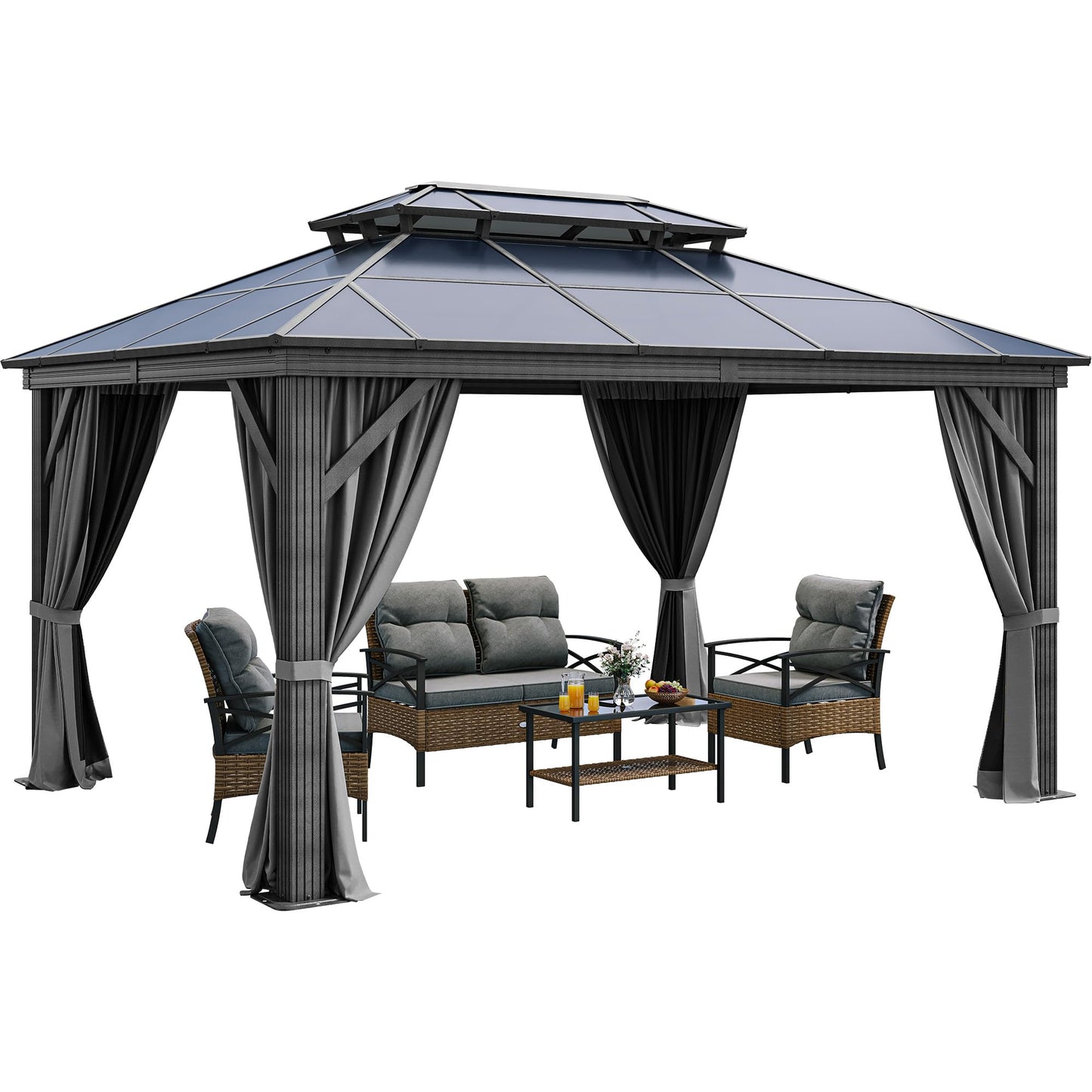 YITAHOME 10X12FT Polycarbonate Gazebo Outdoor Patio Double Top Canopy Galvanized Iron Metal Column Garden Tent Curtains Netting for Backyards Decks Lawns,Gray