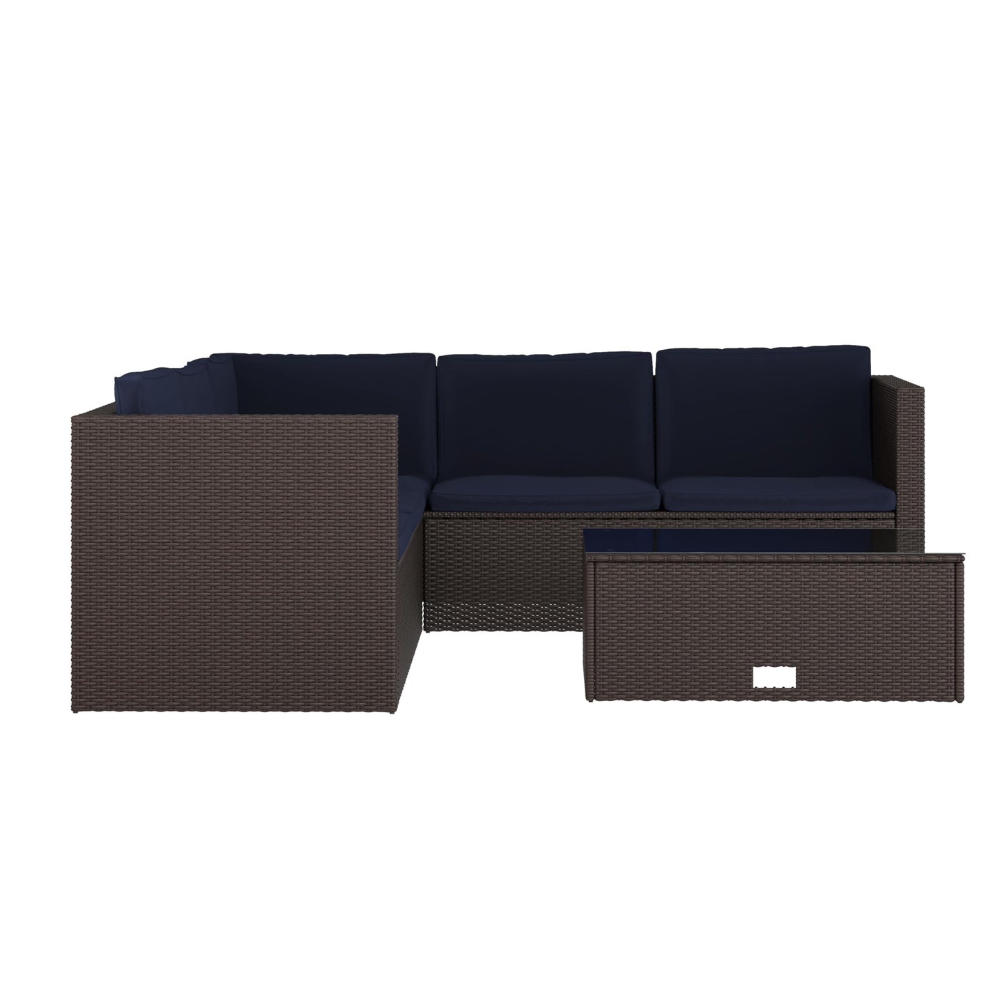 Flash Furniture Roan Patio Seating Set, Wicker PE Rattan Frame, L-Shaped Sectional with Side Lift Coffee Table Storage, Back and Seat Cushions, Brown/Navy