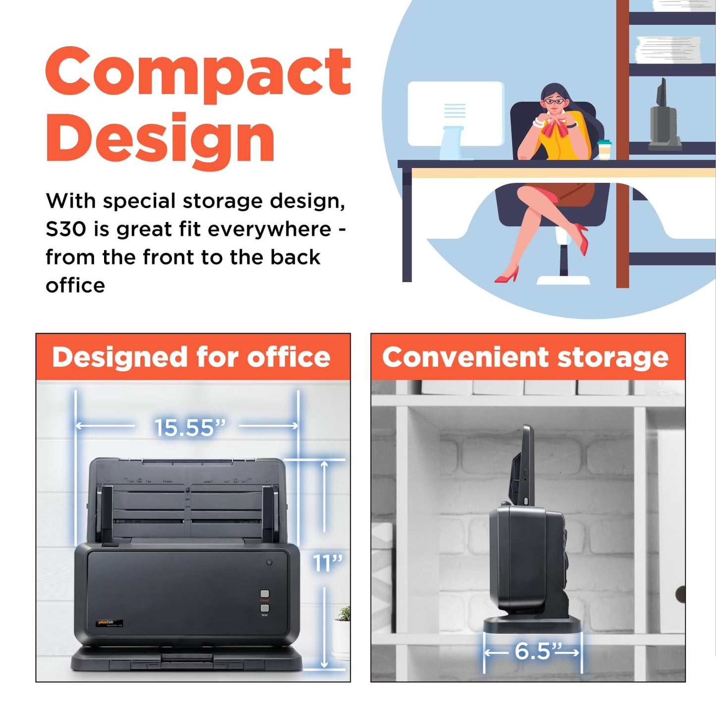 Plustek Wide-Format Color Duplex Document Scanner S30, for Large-Format Document Scan, Scans Wide Up to 12" and Long Up to 200", 100-Sheet Duplex Auto Document Feeder