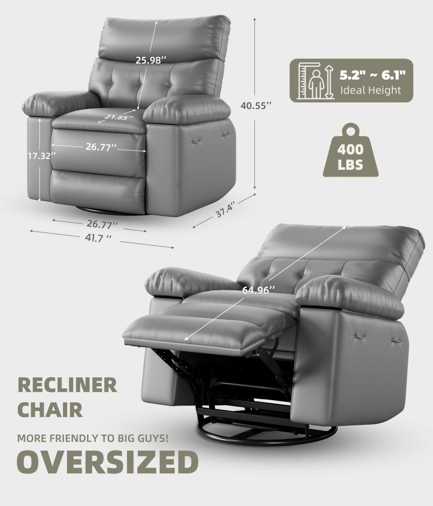 GarveeHome Oversized Power Rocker Swivel Recliner Chair - Heat and Massage, PU Leather Electric Glider Rocking Chair with USB Port, Glider Recliner Nursery Chair for Living Room, Bedroom, Nursery