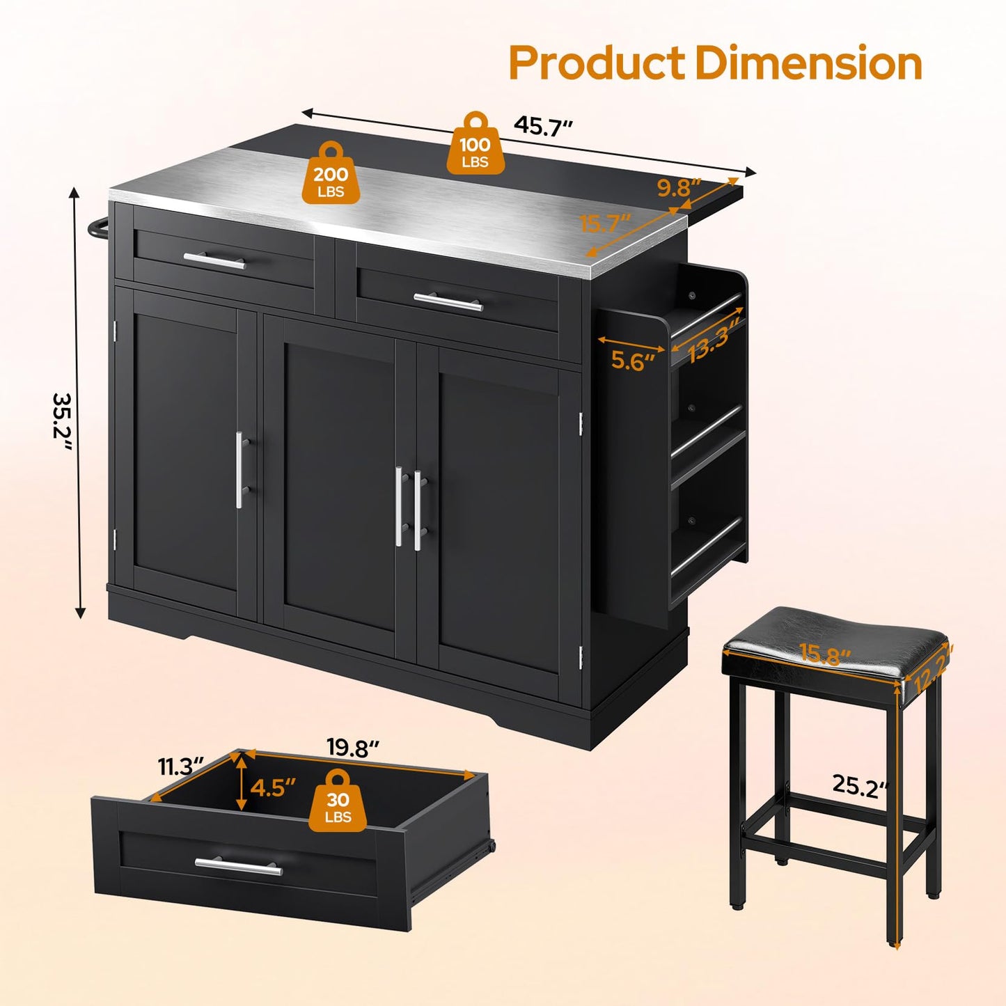 Concho 56'' Rolling Kitchen Island with Seating and Stainless Steel Countertop, Mobile Kitchen Carts with Folding Drop Leaf, 2 Bar Stools, Power Outlet, Spice/Towel Rack, Zest Black
