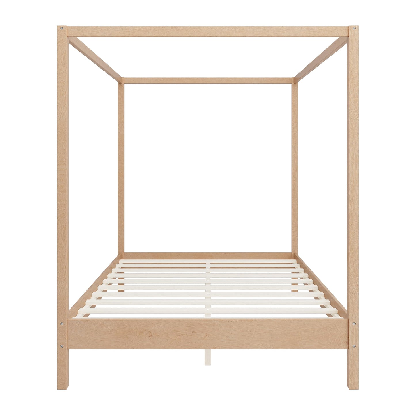 Merax Queen Size Canopy Bed with Four Posters, Wooden Platform Bed Frame & 8.3" Storage Space Under Bed, Solid Wood Slats Support, No Box Spring Needed, Easy Assembly, Natural