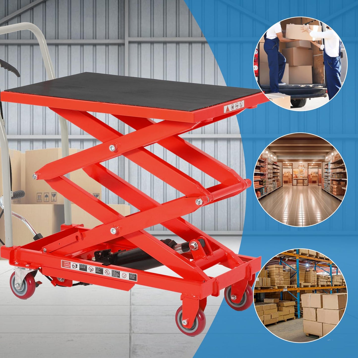 Garvee Heavy Duty Hydraulic Lift Table Cart 330LB Capacity, Double Scissor Lift Table with 50" Lifting Height, Non-Slip Platform & Locking Wheels for Garage, Warehouse, Workshop, Red