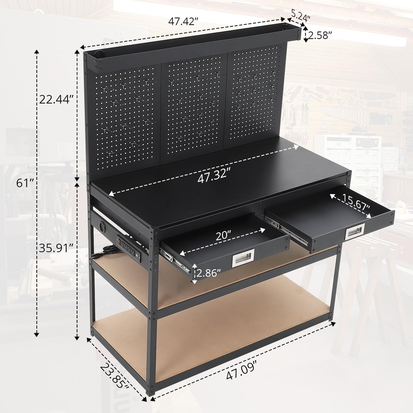 48 in Workbench, Metal Tool Storage Bench with Pegboard with 3 Drawers & Back, Under Shelf, Power Outlet, Hanging Accessories, Topping Space, Multifunctional Work Table for Garage, Workshop, Basement