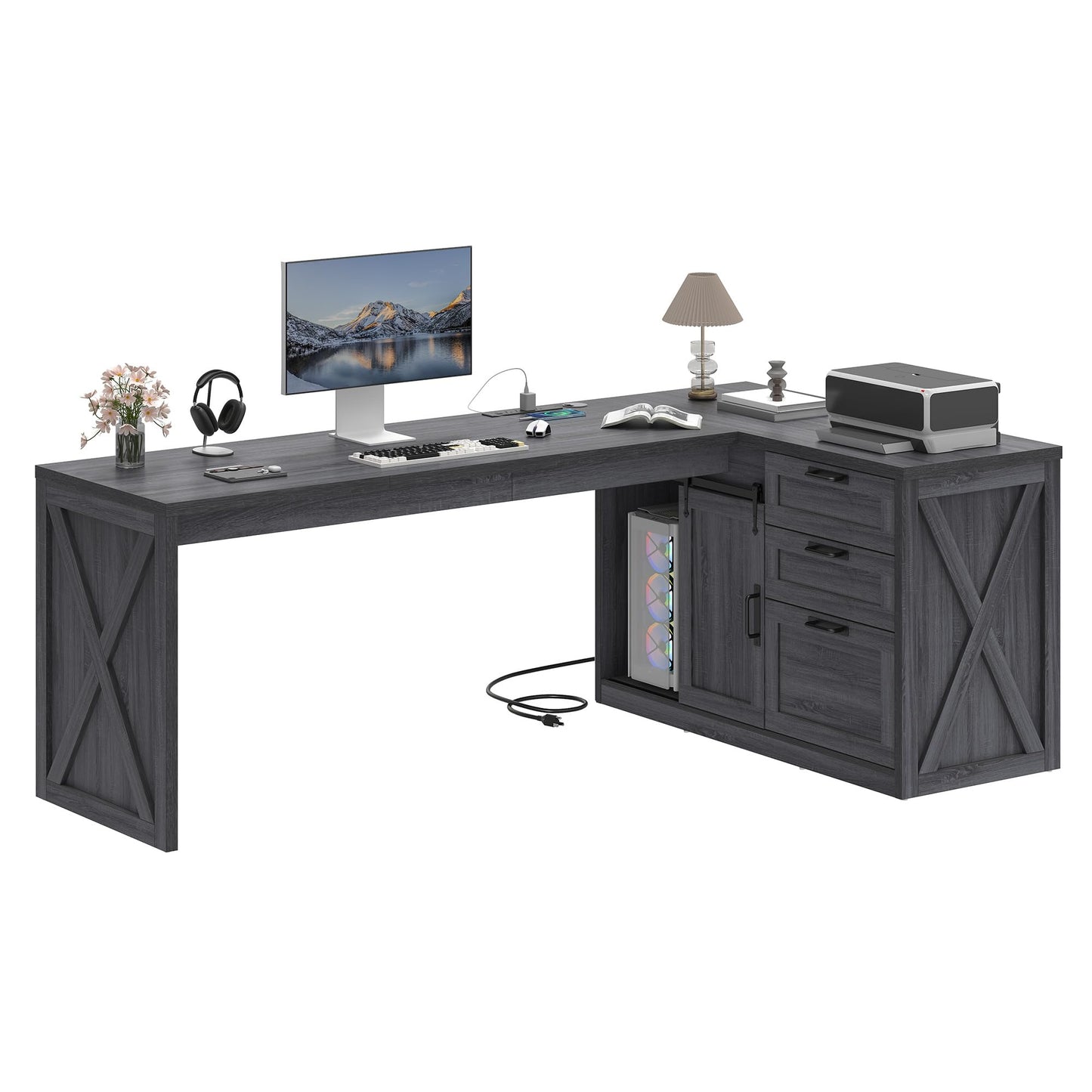 Meowloday 78'' Farmhouse L Shaped Desk, Large Home Office Desk with File Drawer and Charging Station, Computer Corner Desks with Sliding Barn Door & Storage Cabinet for Office Home, Bedroom, Grey
