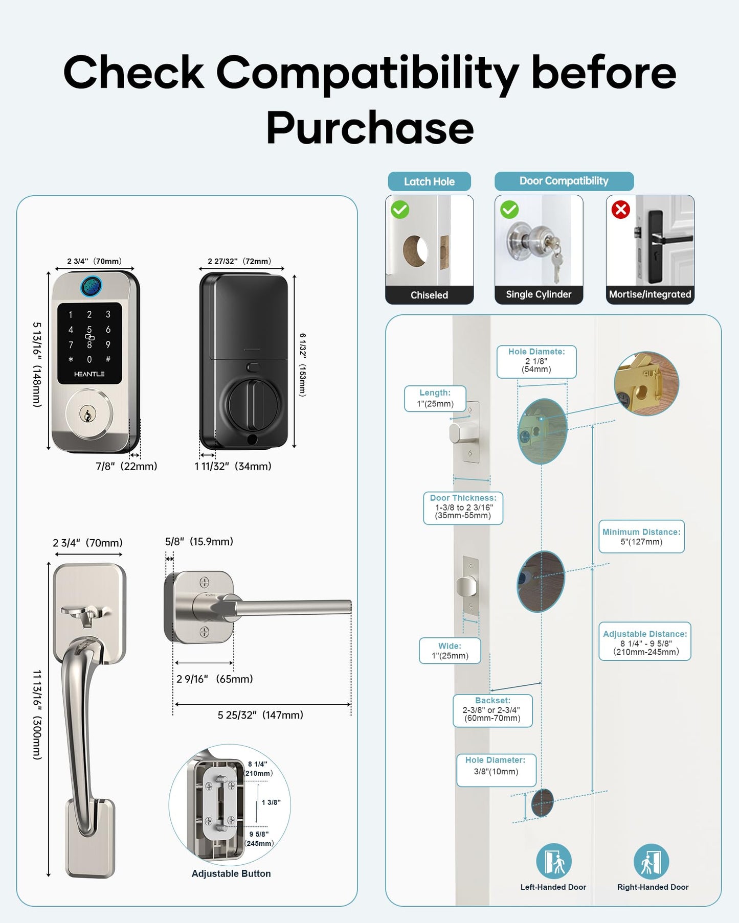 Wi-Fi Front Door Lock Set - HEANTLE Smart Locks for Front Door Built-in WiFi Keyless Entry Deadbolt with Handle Set Fingerprint Smart Electronic Deadbolt, Works with Alexa & Google Assistant Silver