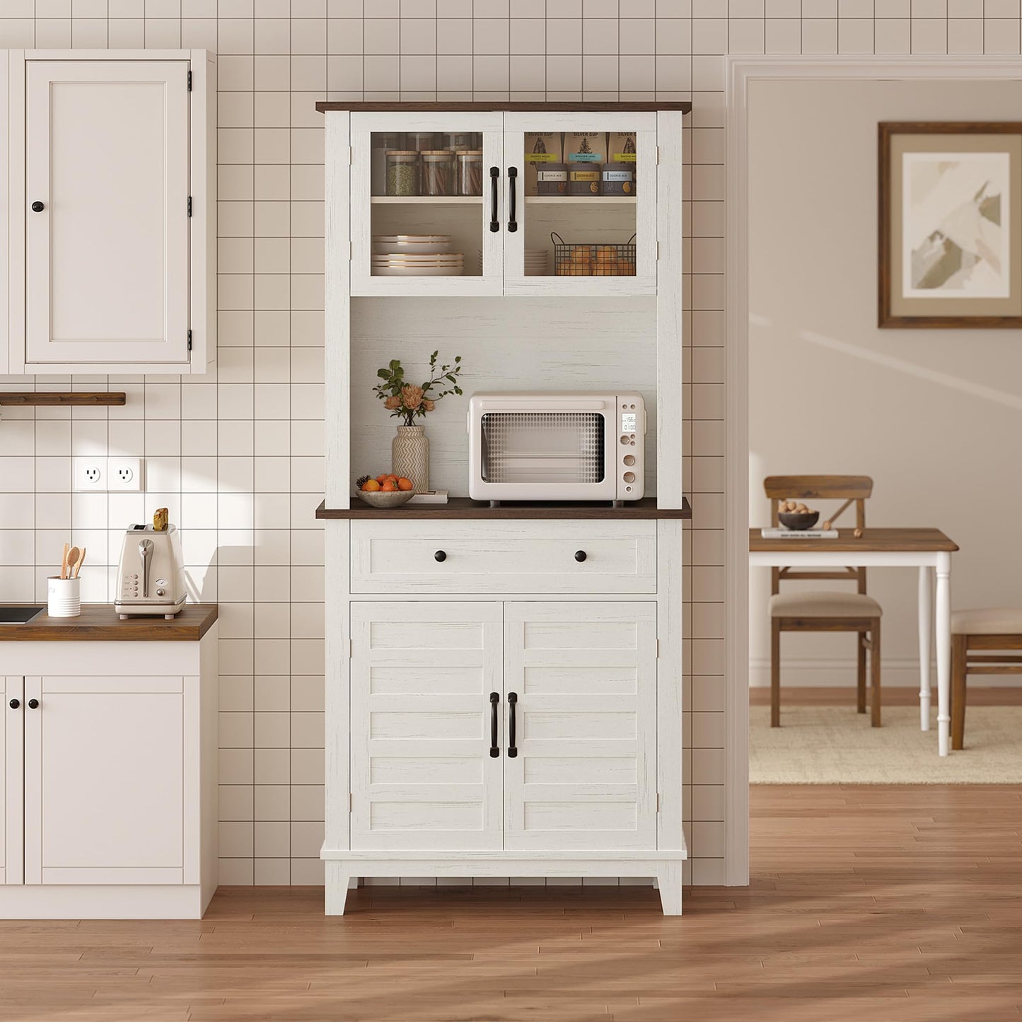 IDEALHOUSE Farmhouse Coffee Bar Cabinet with 2 Glass Doors, 72'' Pantry Storage Cabinet with Drawer, Microwave Stand with Metal Handle, Coffee Bar with Storage for Living Room, Light White