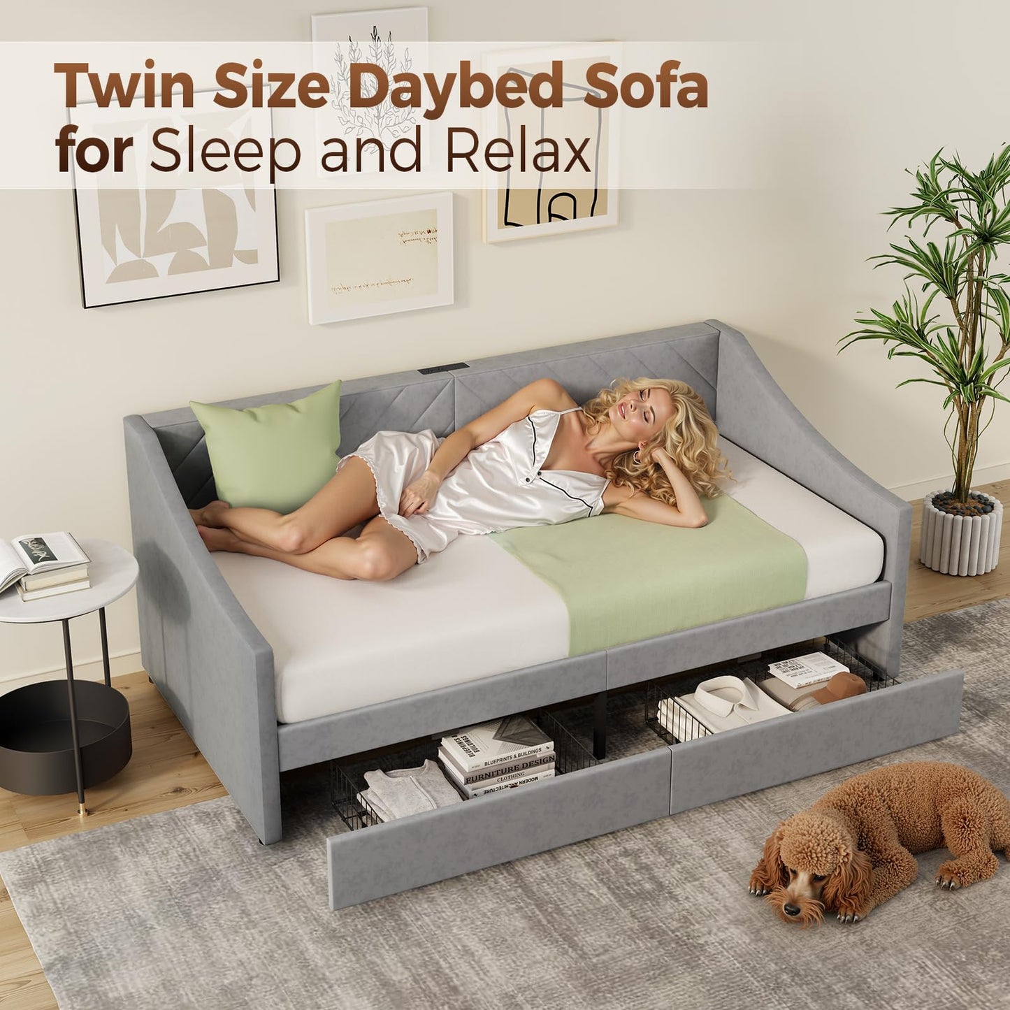 Mashomdec Twin Size Daybed with 2 Storage Drawers, Upholstered Daybed Frame with Charging Station, Heavy Duty Sofa Bed for Bedroom, Living Room, No Box Spring Needed,Easy Assembly