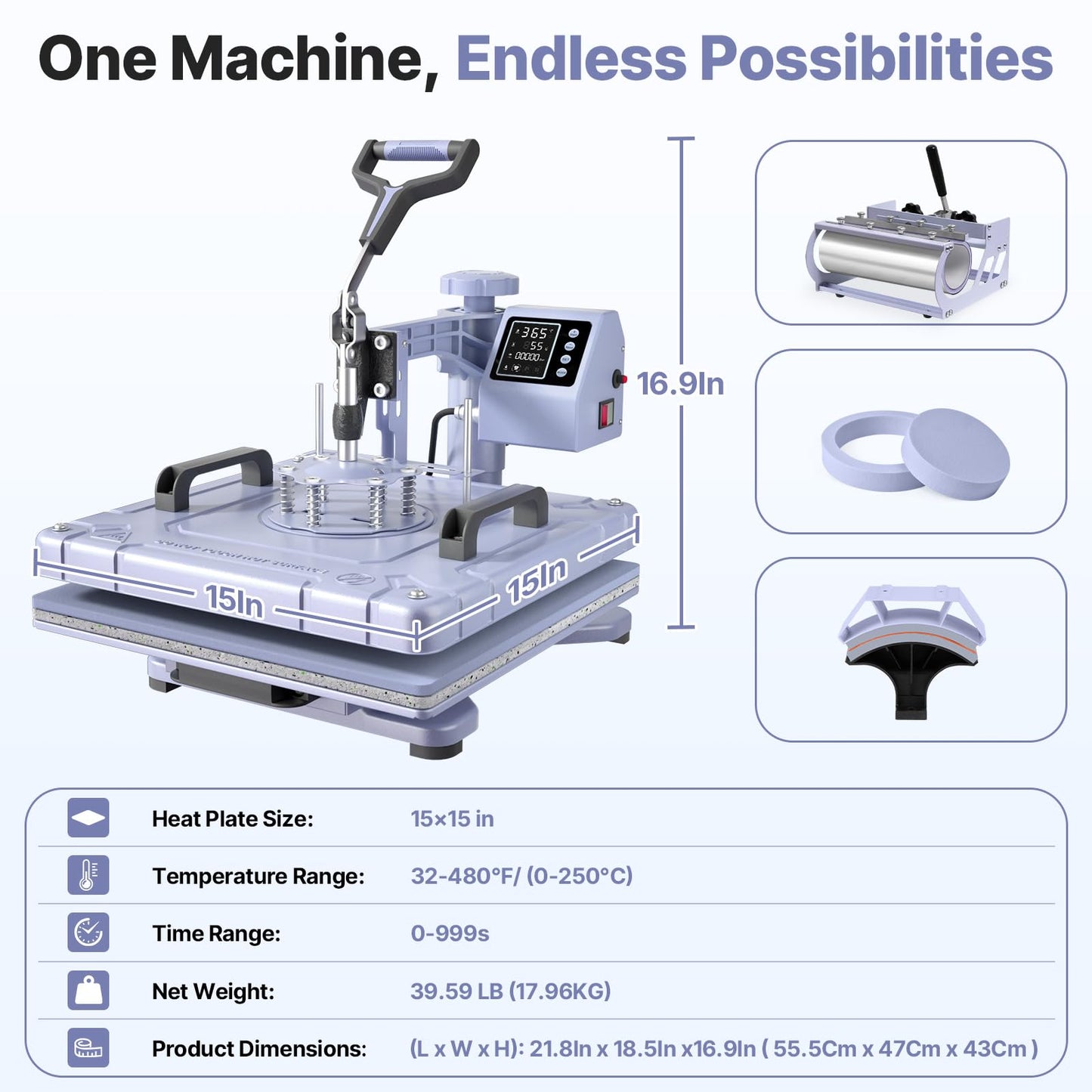 Slendor 15x15 Inch Heat Press 5 in 1 Heat Press Machine, 360-Degree Swing Away Digital T Shirt Pressing Machine Multifunction Heat Transfer Sublimation Combo for T Shirts Mugs Hat Plate Cap