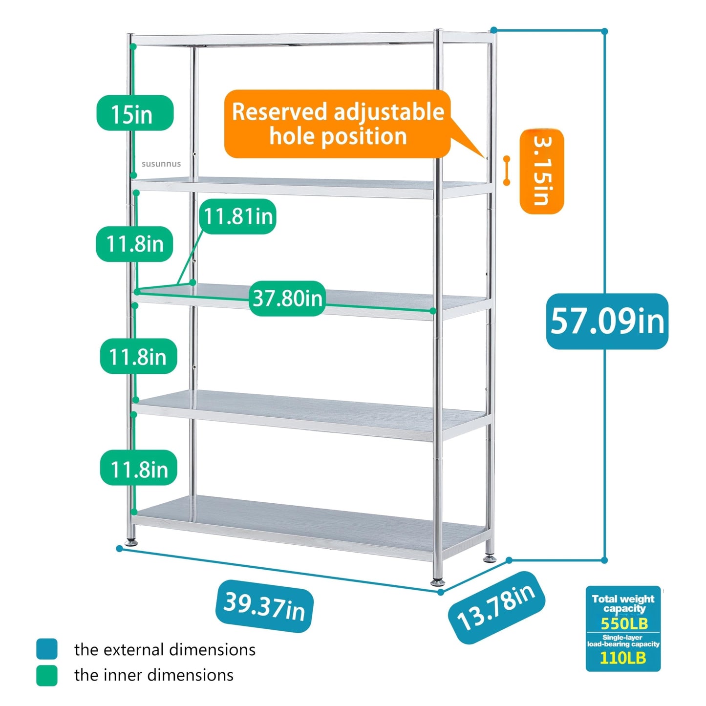 susunnus Stainless Steel Shelves,for Kitchen,Living Room,Bathroom,39.4in-5T
