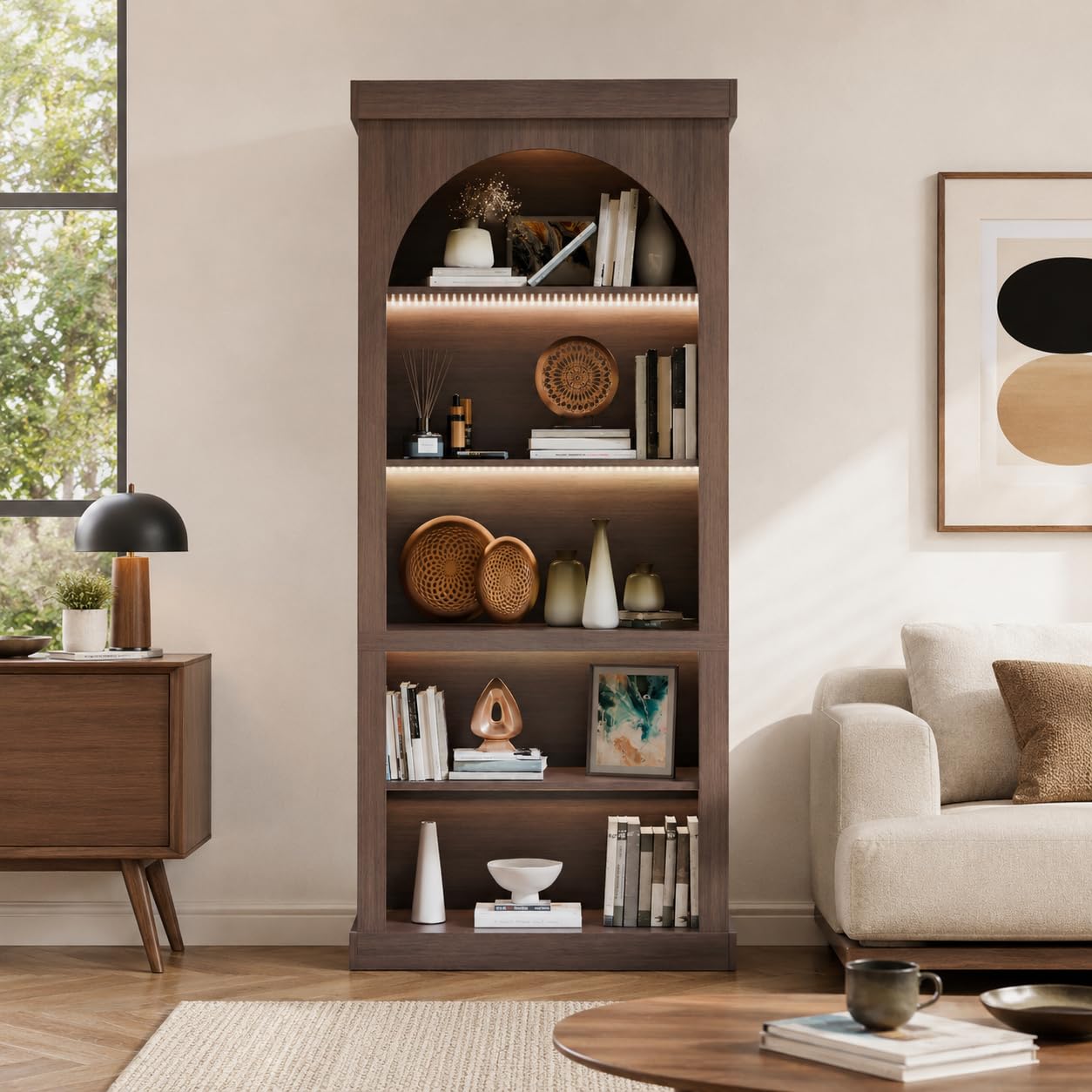 Trygoal Tall Cabinet Bookcase, Display Cabinet Walnut Finish with Adjustable Shelf, Mid Century Modern Curio Cabinet for Living Room, Dining Room, Kitchen, Study Room, Entryway, Open-Shelves