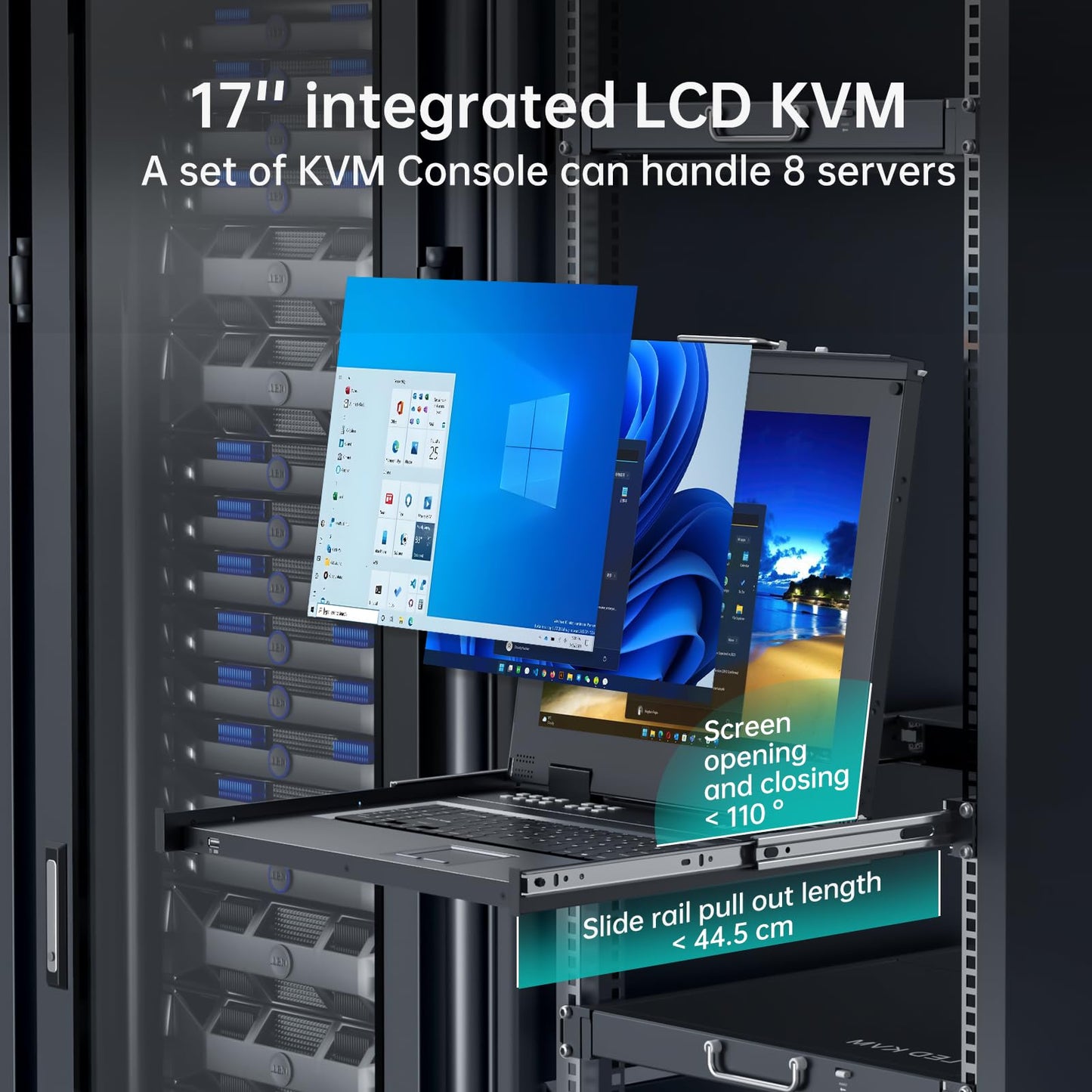 MT-Viki 17'' Rack Mount KVM Switch VGA 8 Port, Rackmount Monitor KVM Fit 1U 19'' Rack, 600-800mm(23.6~31.8'') Depth, Integrated with Keyboard+Touch pad+Drawer+8 KVM Cables