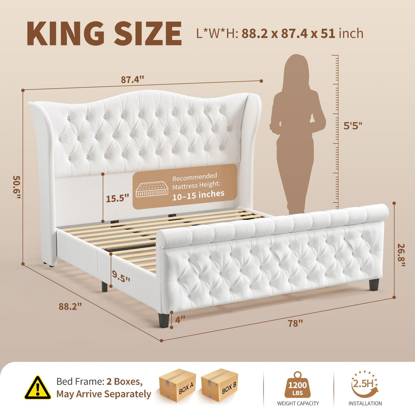 koorlian King Size Bed Frame with Headboard,Chenille Upholstered Platform Bed with Button-Tufted Wingback Headboard & Sleigh Footboard, No Box Spring Needed