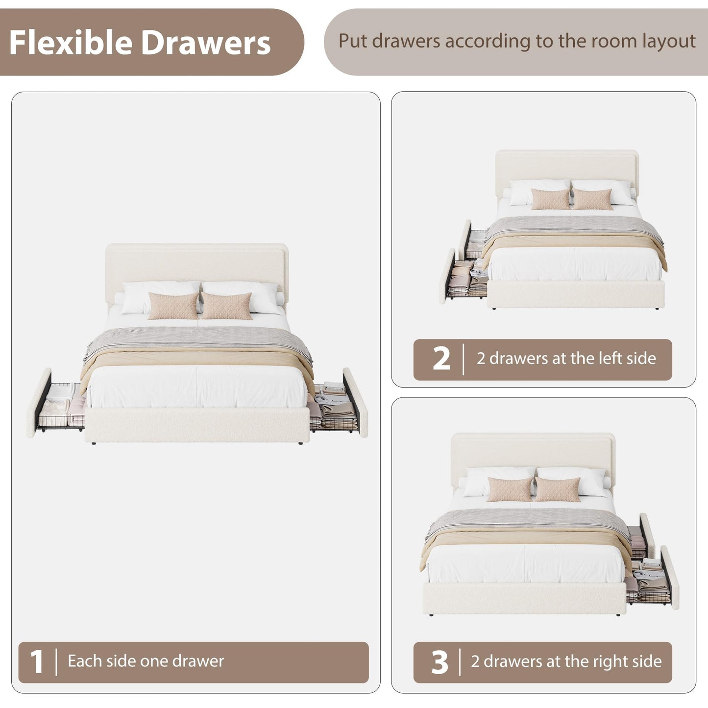 GarveeHome Queen Size Bed Frame with 2 Storage Drawer, Teddy Fleece Thick Upholstered Platform Bed Frame with Adjustable Headboard, No Box Spring Needed, Cream Beige