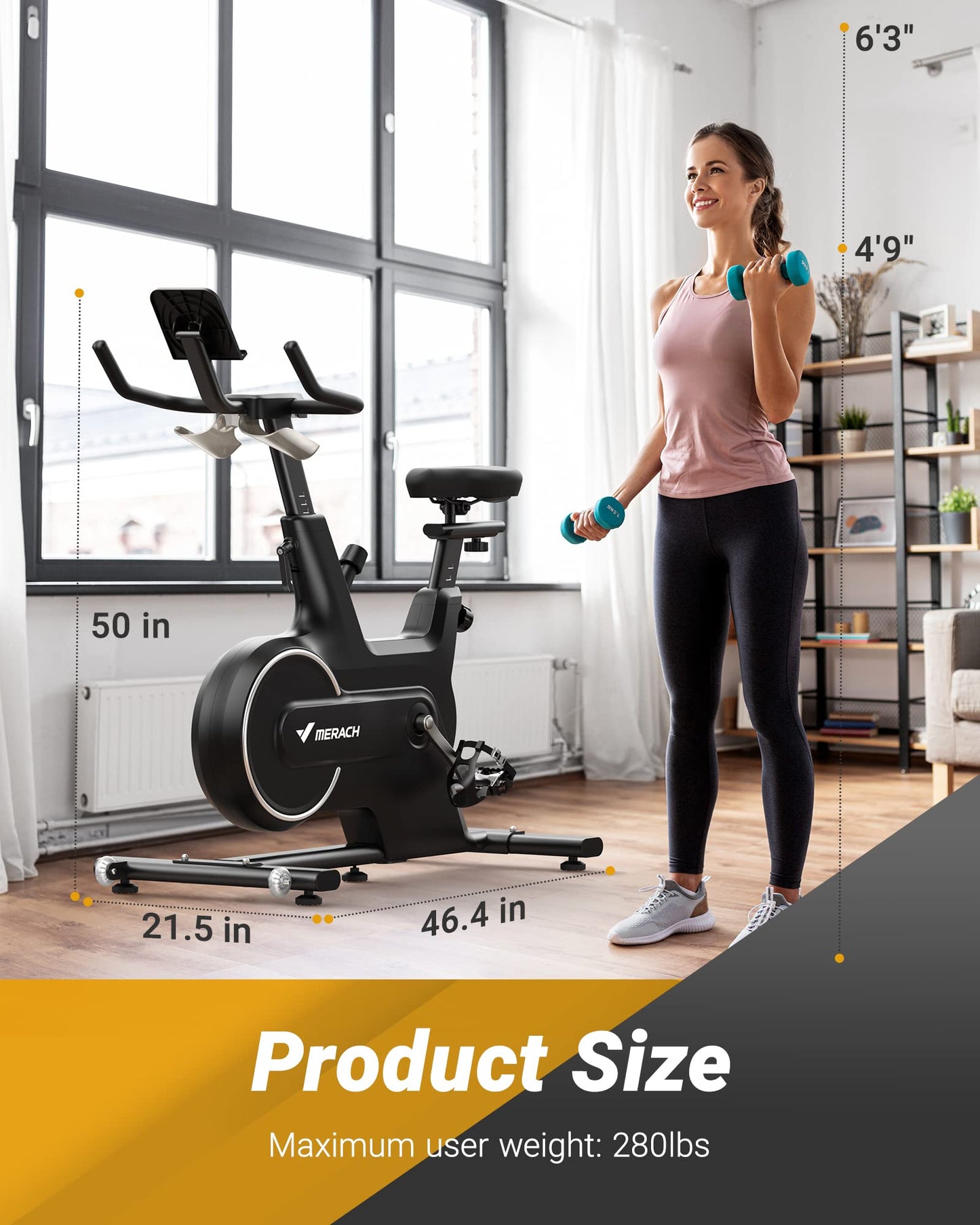 Merach Magnetic Exercise Bike, Low Noise Stationary Bike for Home with Comfortable Seat Cushion, Spinning Bike with 330 lb Weight Capacity, Exclusive App, Tablet Mount and Fitness Courses