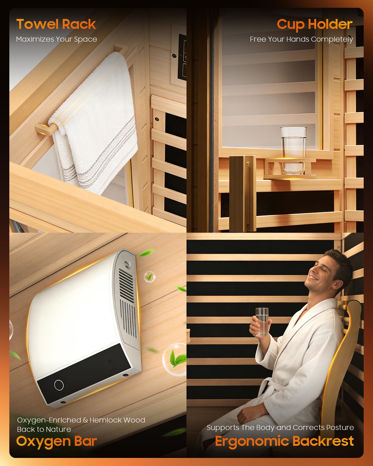 OUTARFIE Sauna Infrared Sauna, Hemlock 1 Person Dry Sauna with Backrest, 1062W Fast Heating Low EMF Sauna with 5 Carbon Heaters, Sauna Infrared with Bluetooth & Integrated Speakers (Wood)