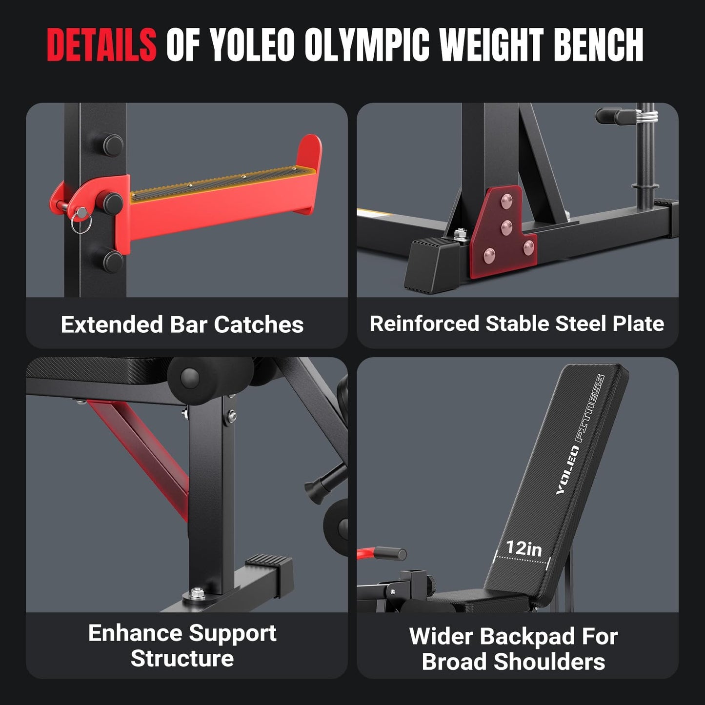 YOLEO Weight Bench with Rack -47.44”Wide Bench Press Set, Safety Catch for Squat, Leg Extension, Preacher Curl & Flat/Incline/Decline Full Body Workout Bench, Adjustable Olympic Weight Benches for Home Gym