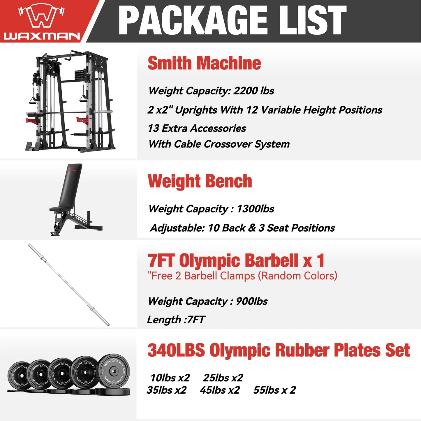 Waxman Smith Machine, 2200lbs Squat Rack with LAT-Pull Down System & Cable Crossover Machine, Training Equipment with Leg Hold-Down Attachment, Garage & Home Gym Package with 340lBS Black Plates