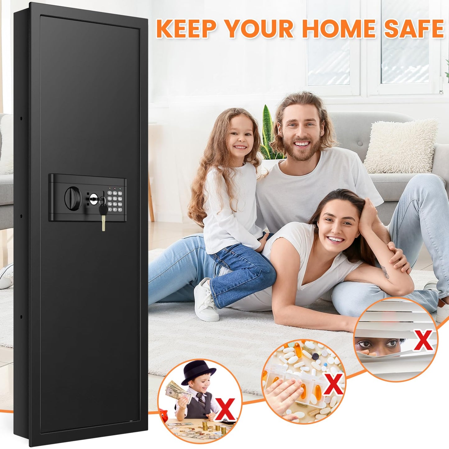 47.3" Tall Fireproof Wall Safes Between the Studs 16" Centers, Large Hidden Flush Wall Safe with 4 Removable Shelf & 6 Key Hooks, 48LB Heavy Duty In Wall Safe for Home, Money, Jewelry, Valuables