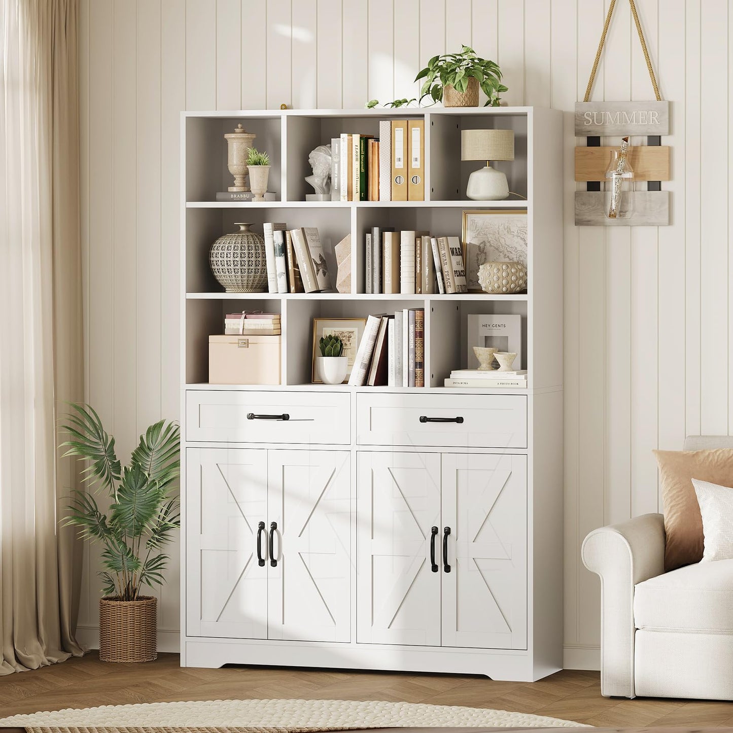 IDEALHOUSE 6 Tier Large Bookcase with Drawers & Doors, 71 Inch Tall Wood Bookshelf, Modern Display Cabinet Book Storage Organizer for Office Living Room Apartments