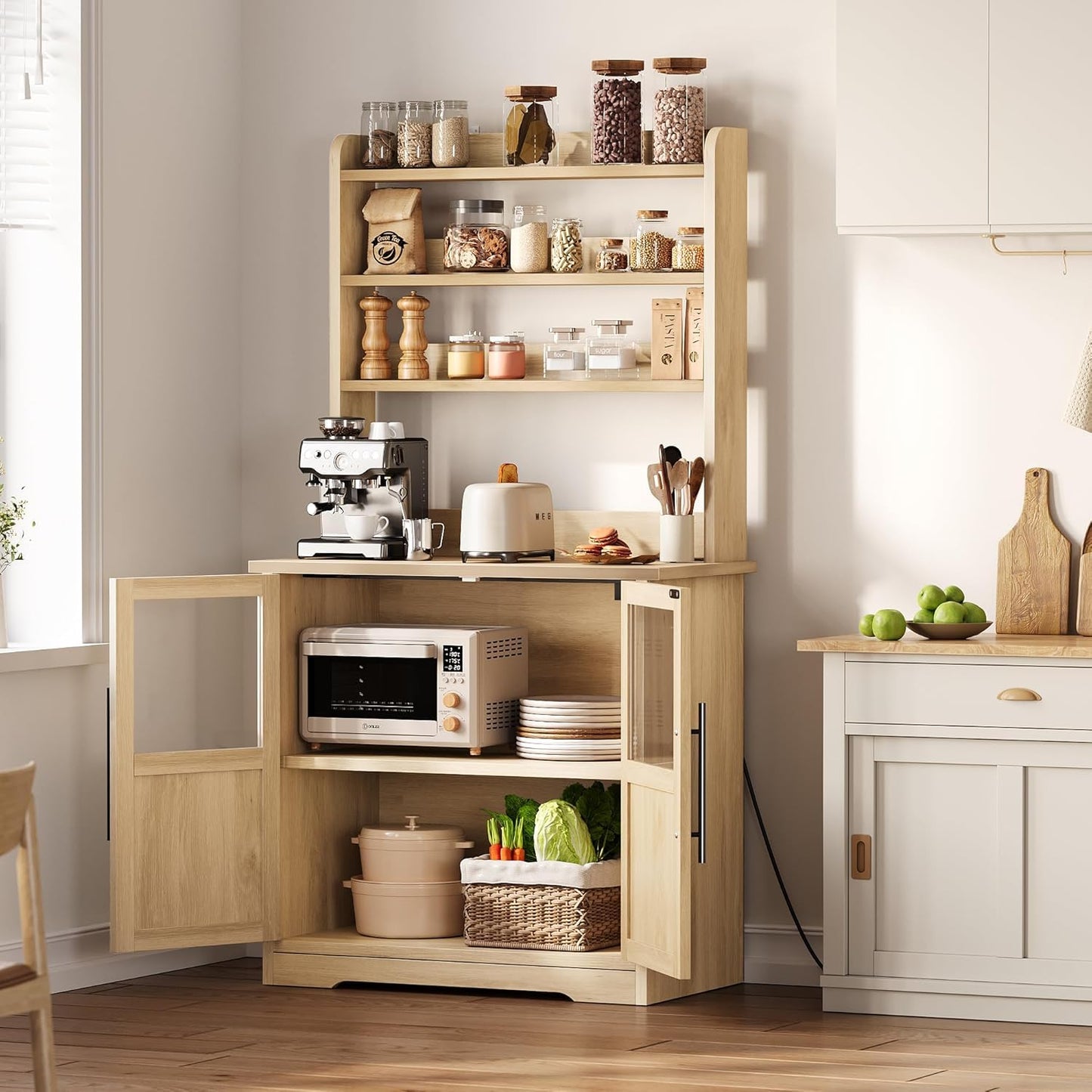 Farmhouse Bakers Rack with Power Outlet, Microwave Stand Cabinet with Thickened Countertop and Storage Shelves, Small Kitchen Coffee Bar Station, Freestanding Pantry Organizer for Dining Room
