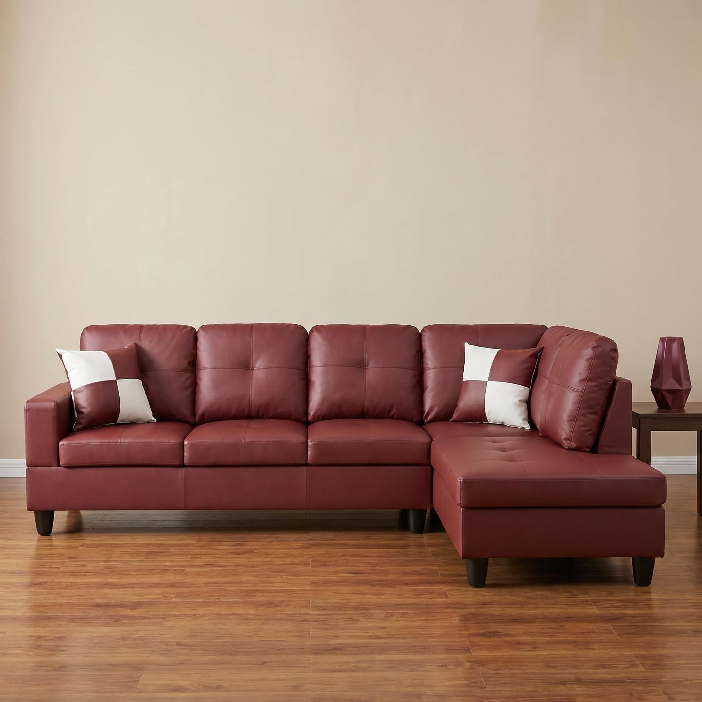 Trygoal L-Shaped Sectional Sofa, Modern 4-Seat Couch with Right Facing Chaise, Leather Sectional Couch for Living Room, Apartment, Office, Dark Red