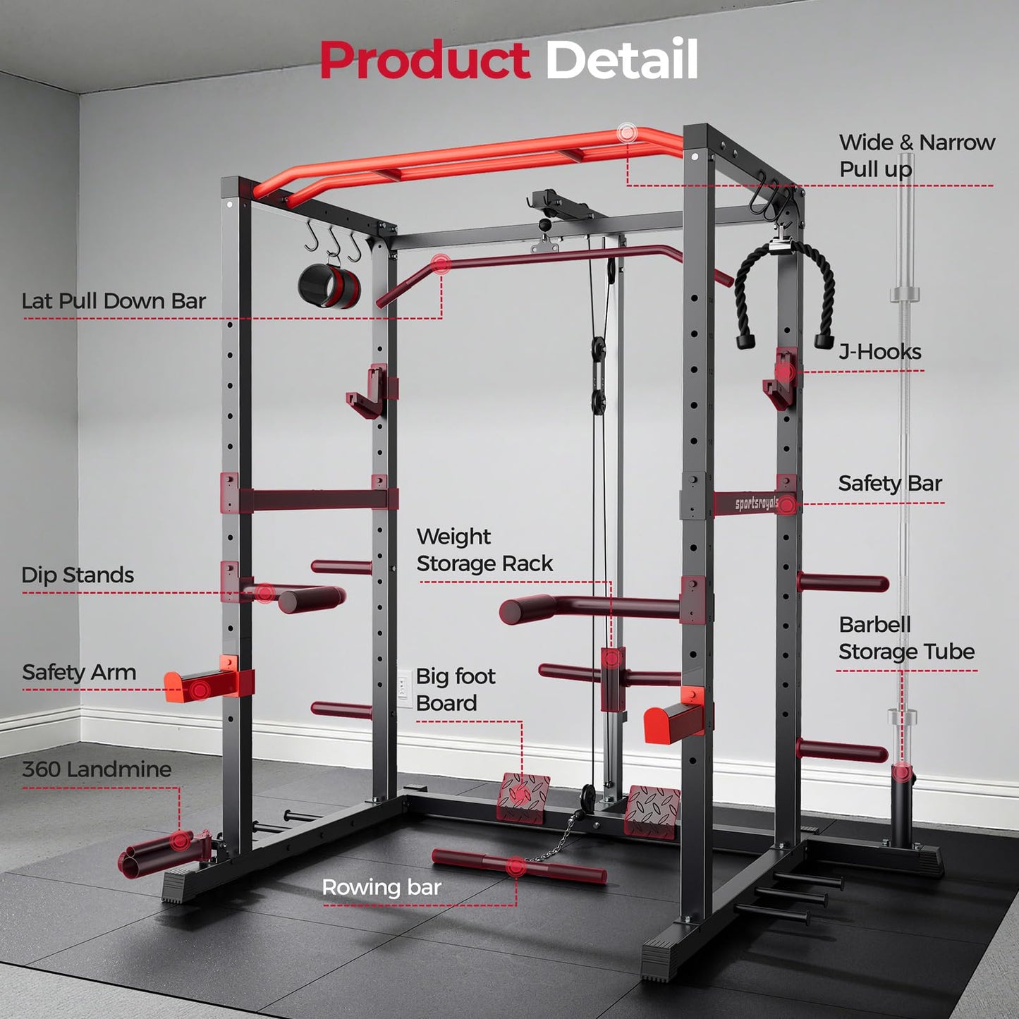 Sportsroyals Squat Rack, LAT Power Cage, Power Rack Multi-Function with Pulley System and Training Attachments for Home Gym