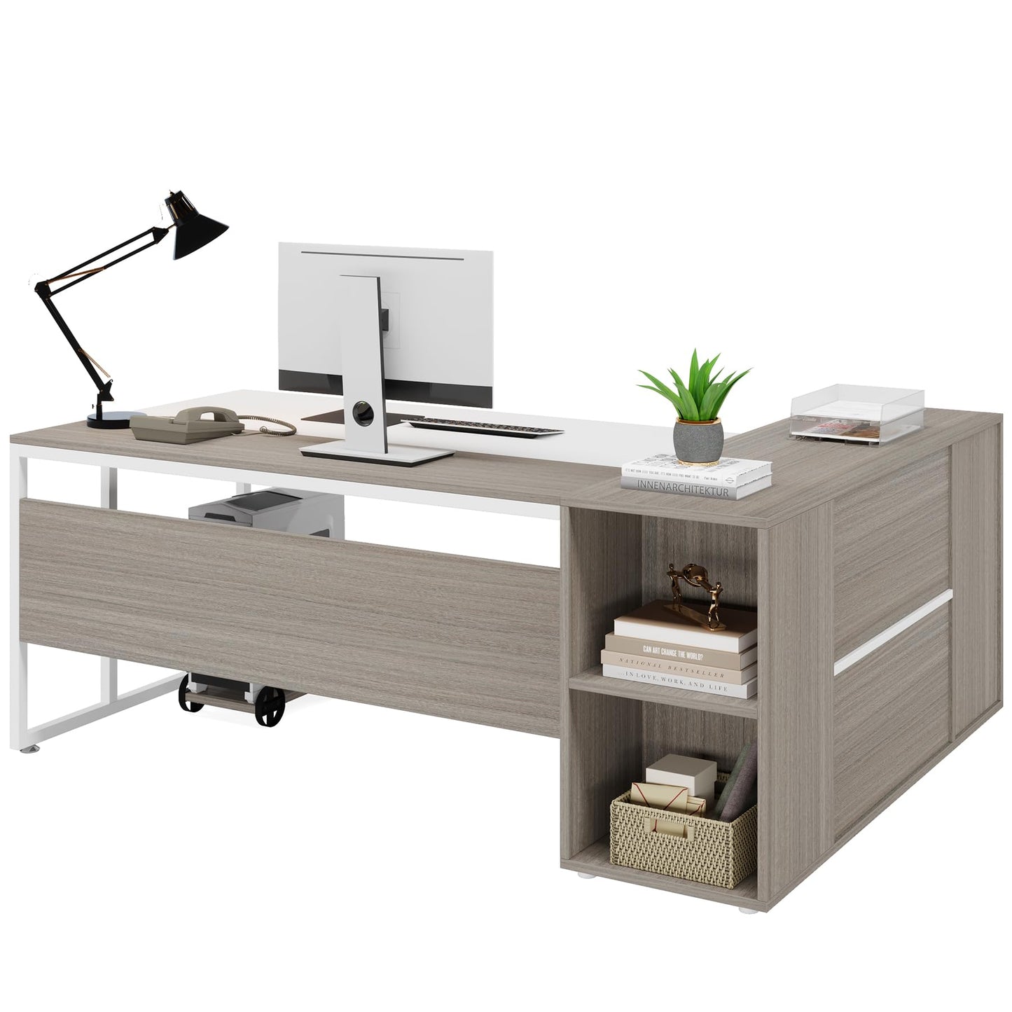 Tribesigns 71 inch Executive Desk, L Shaped Desk with Cabinet Storage, Executive Office Desk with Shelves, Business Furniture Set Workstation for Home Office, Gray and White