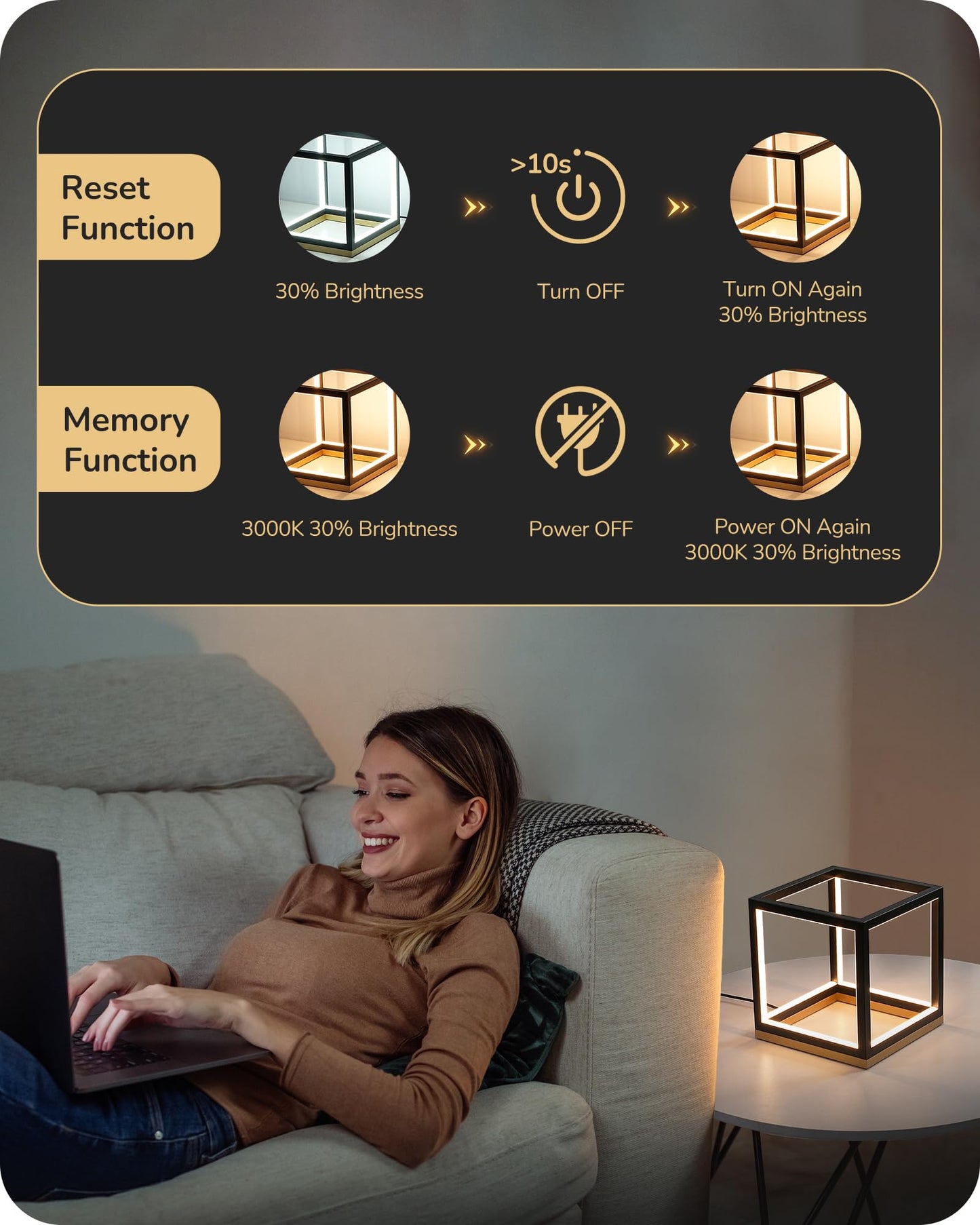 EDISHINE Modern LED Table Lamp, 3-Way Dimmable, 3000K/4500K/6000K, Black Gold, Model HLTL02VY12R