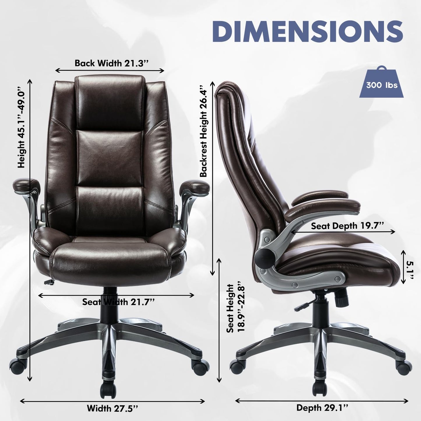 MALOL Leather Executive Office Chair - High Back Home Computer Desk Chair with Padded Flip-up Arms, Adjustable Tilt Lock, Swivel Rolling Ergonomic Chair for Adult Working Study, Brown