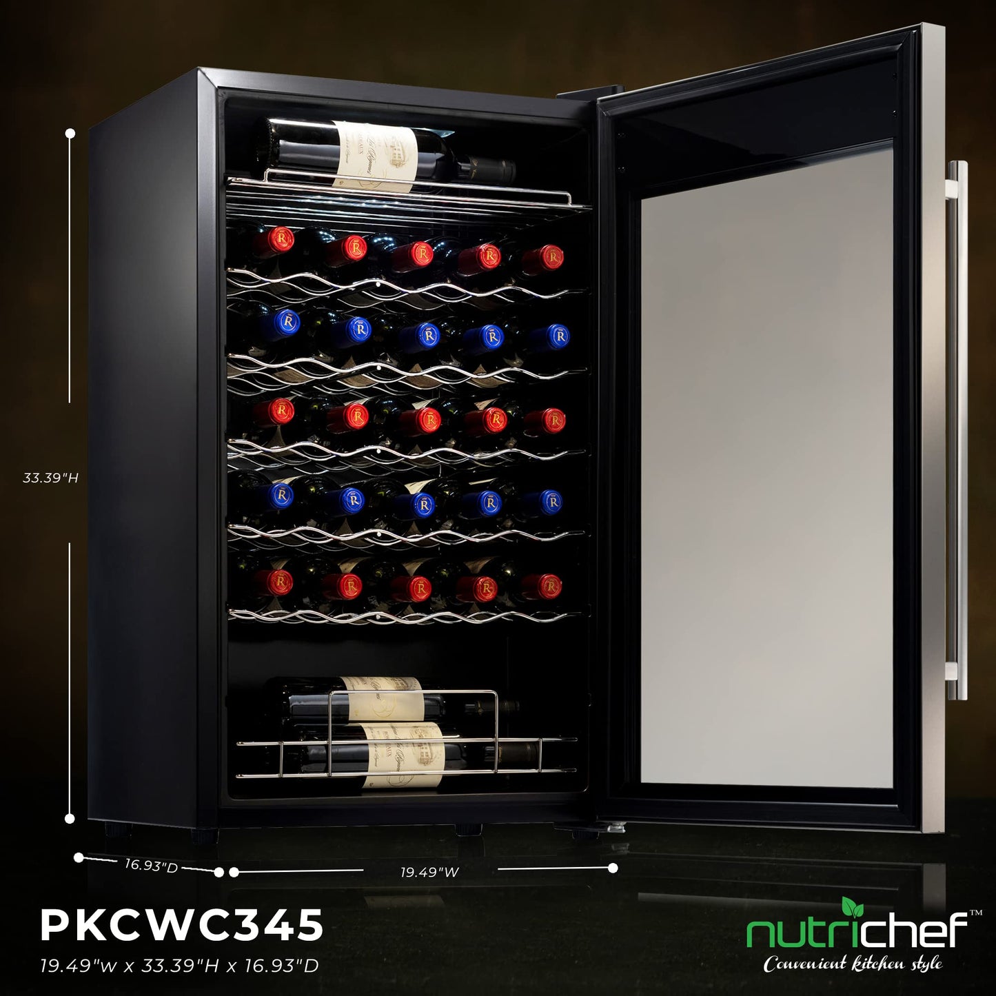 Nutrichef 34 Bottle Wine Fridge | Single Zone Wine Chiller for Chilled Wines | Adjustable Temperature 41F - 64 F | Ultra Quiet Operation | Wine Cooler for Home & Office | 33x19x17 IN | Stainless Steel