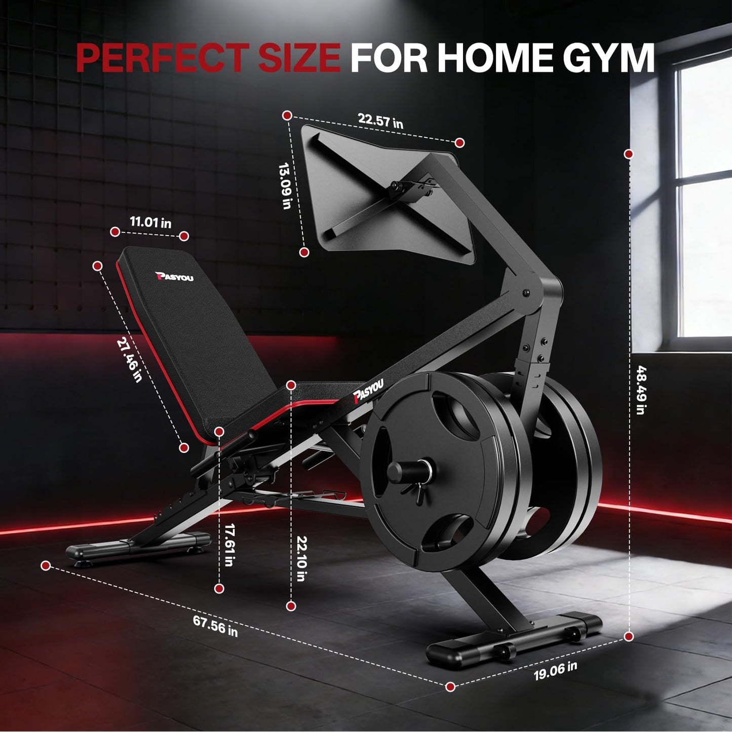 PASYOU Adjustable Weight Bench for Home Gym, Leg Press Machine – Adjustable Foot Plate Weight Bench with Leg Press, Compact Fitness Bench for Glutes, Quads, Compatible with 1'' and 2'' Weight Plates