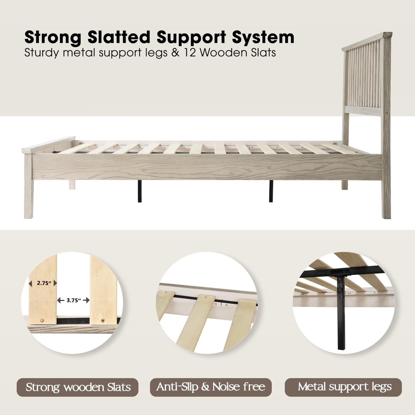 Full Size Solid Wood Platform Bed Frame, Headboard & Footboard, Easy Assembly, 12 Sturdy Slatted Base, Centre Metal Legs, No Box Spring Needed, Noise-Free & Slip-Free, Driftwood Gray Oak Finish YUF-33