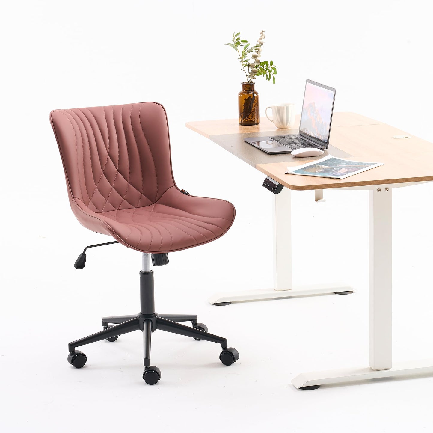 YOUNIKE Office Chair, Armless Desk Chair with Wheels, Adjustable Swivel Home Office Computer Task Chairs, Modern Faux Leather Upholstered Vanity Chair with Back, Dusty Rose