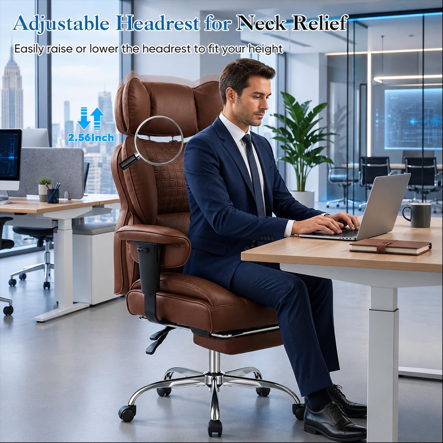 Big and Tall Office Chair 350 LBS, Scratch-Resistant PU Leather Executive Office Desk Chair with Footrest, Ergonomic Reclining Computer Chair with Pocket Spring Support for Home Office, Brown