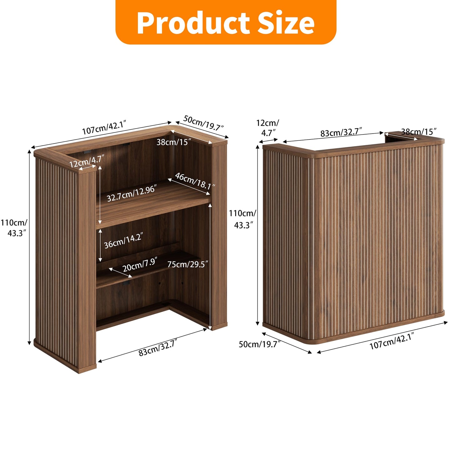 42.1 Inches Reception Desk,Fluted Round Corner Modern Reception Table,Front Counter Table,for Salons, Offices Lobbies Retail Stores and Home Offices (Walnut)